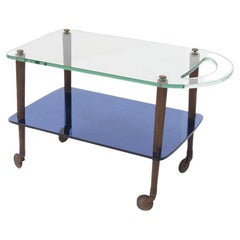 Used Fontana Arte Blue Mirrored Glass Wood and Brass Serving Trolley, Signed