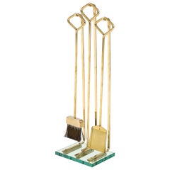 Outils de cheminée italiens modernistes en laiton et verre Fontana Arte