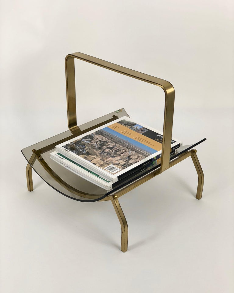 Fontana Arte Brass and Smoked Glass Magazine Rack Stand, 1960s, Italy ...