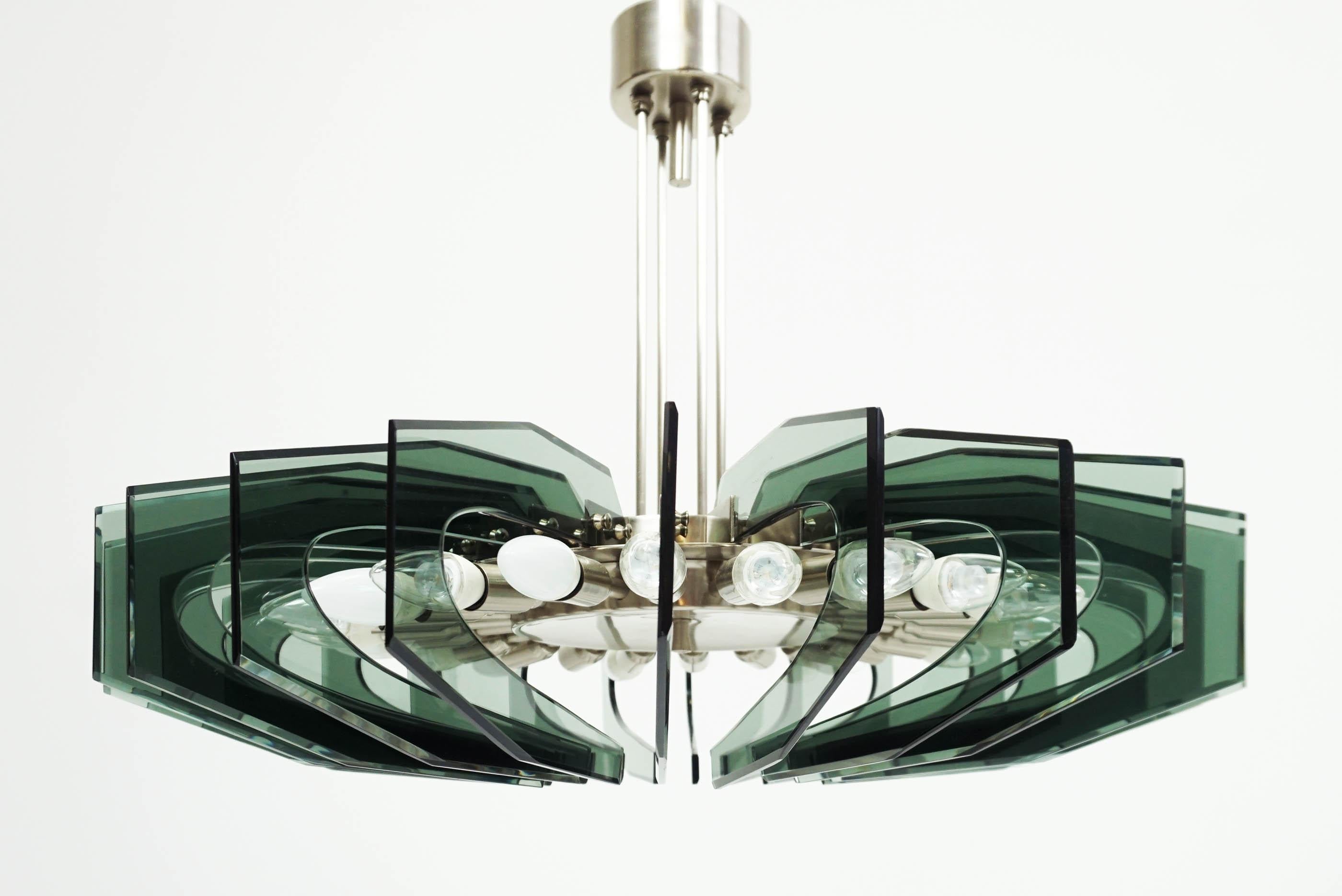 Mid-Century Modern Stunning Chandelier in Colored Glass, Fontana Arte style, circa 1950, Italy