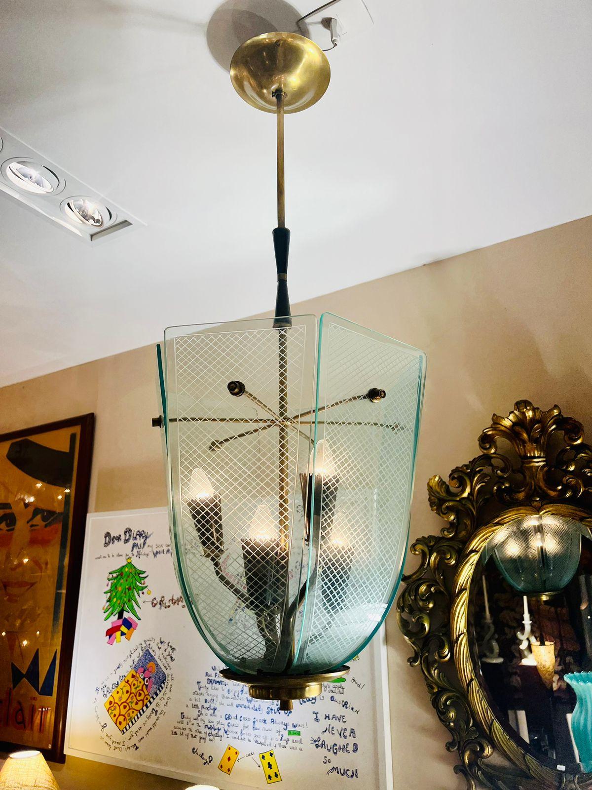 Other Fontana Arte by Pietro Chiesa chandelier in engraved glass and metal circa 1970 For Sale