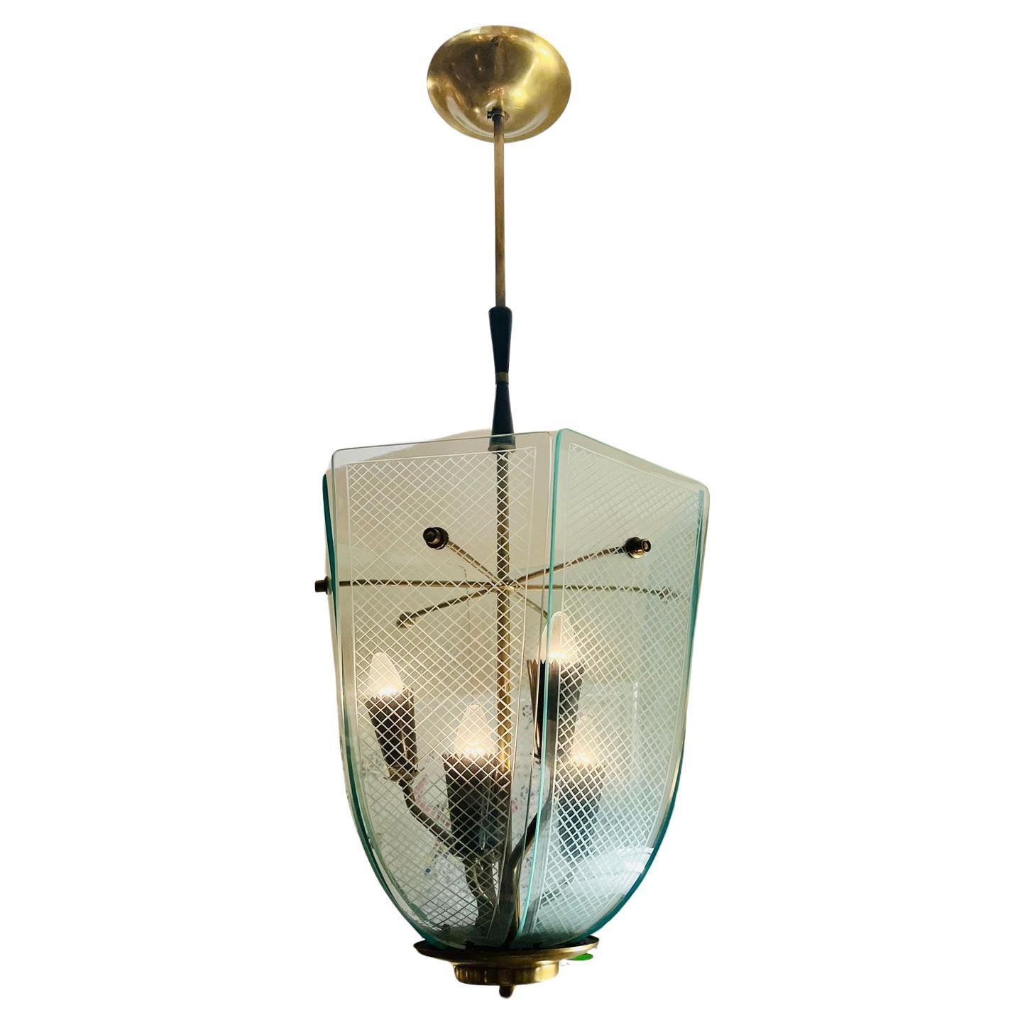 Fontana Arte by Pietro Chiesa chandelier in engraved glass and metal circa 1970 For Sale