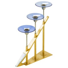 Fontana Arte Candlesticks, Gilt Brass and Colorated Glass, circa 1950, Italy