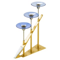 Fontana Arte Candlesticks, Gilt Brass and Colorated Glass, circa 1950, Italy