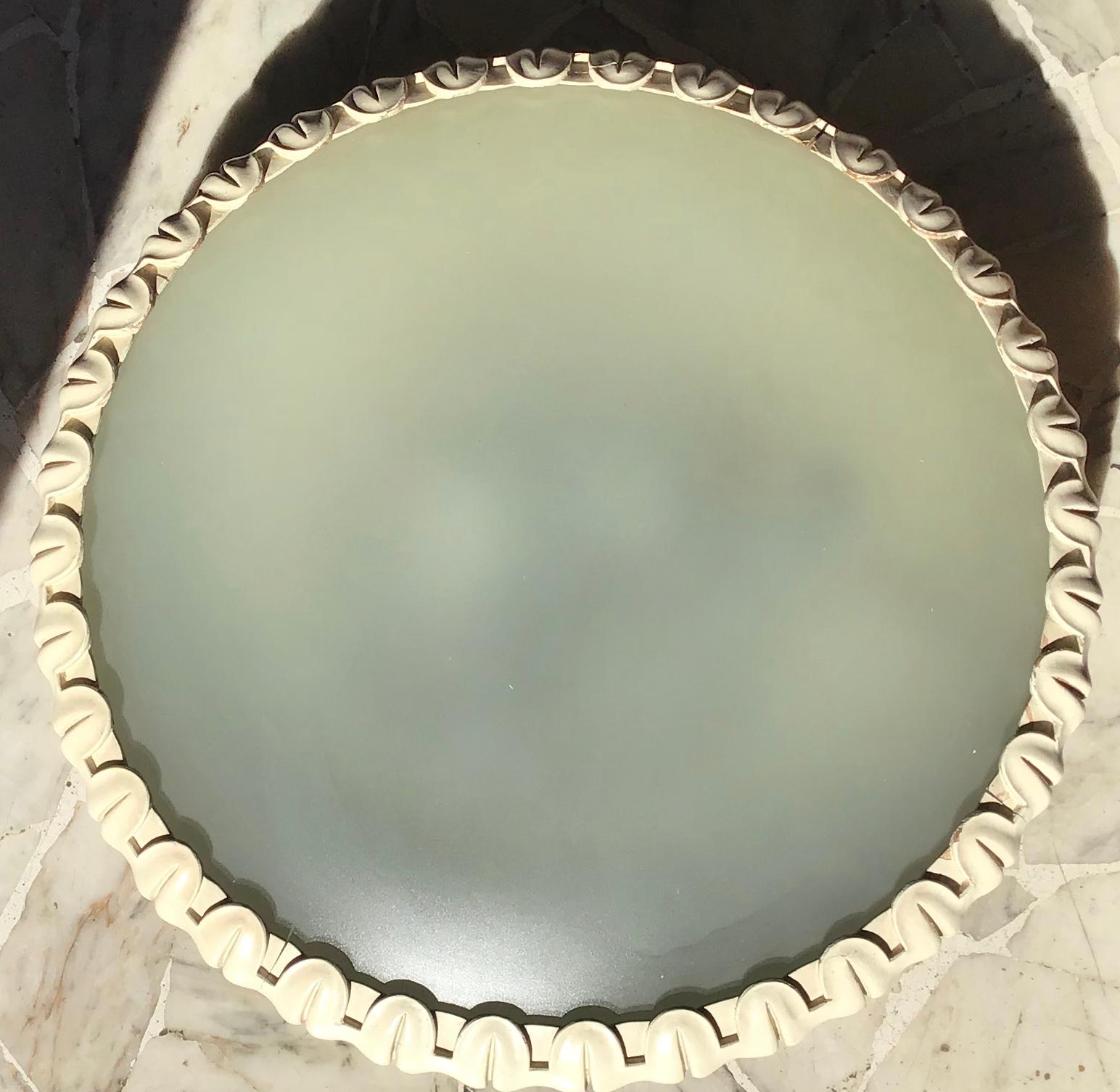 Mid-Century Modern FONTANARTE  - Ceiling Light Curved Etched Glass Wood Brass, 1940, Italy For Sale