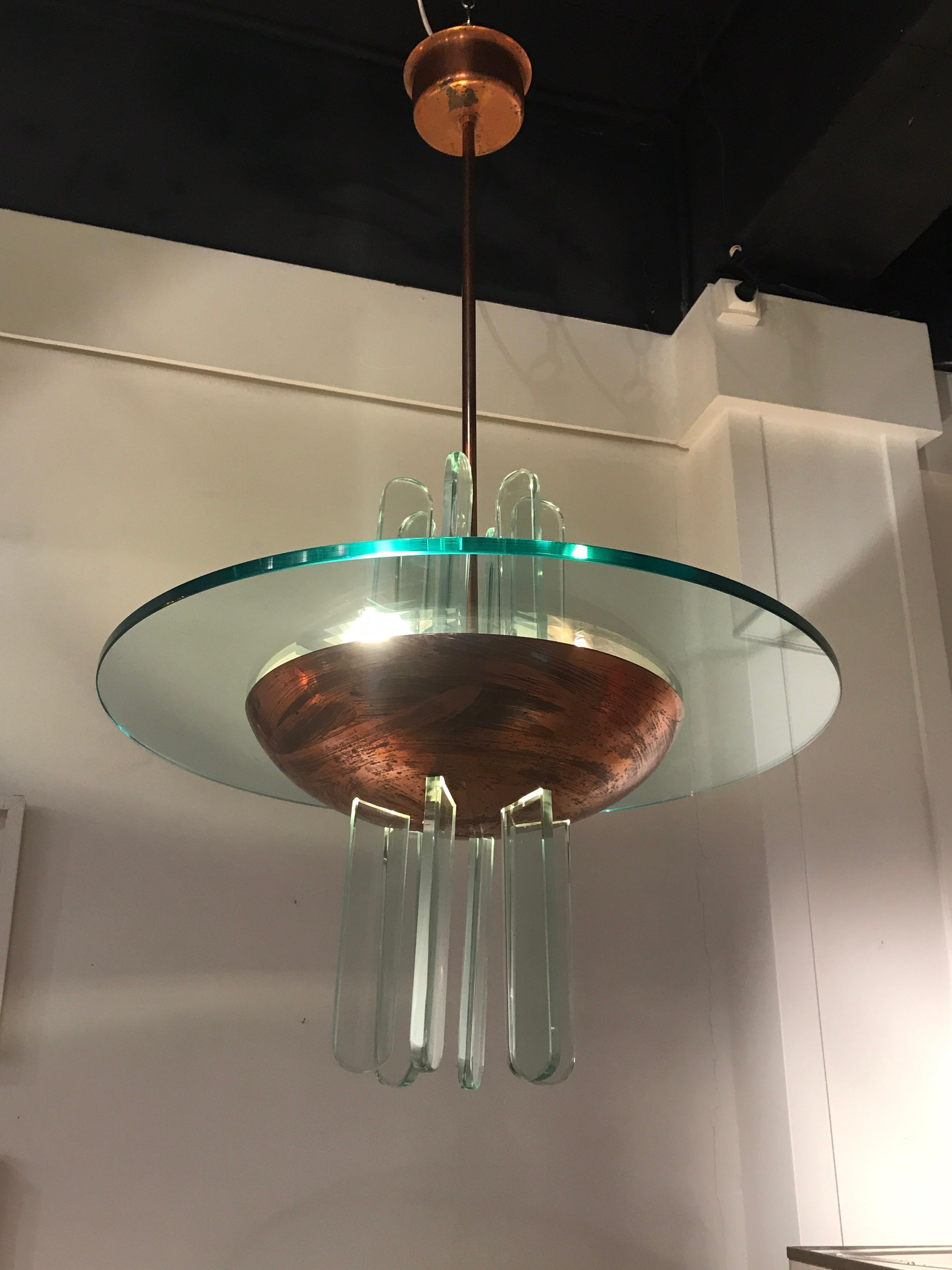 Fontana Arte chandelier with glass and patinated copper, circa 1960
Good vintage condition.