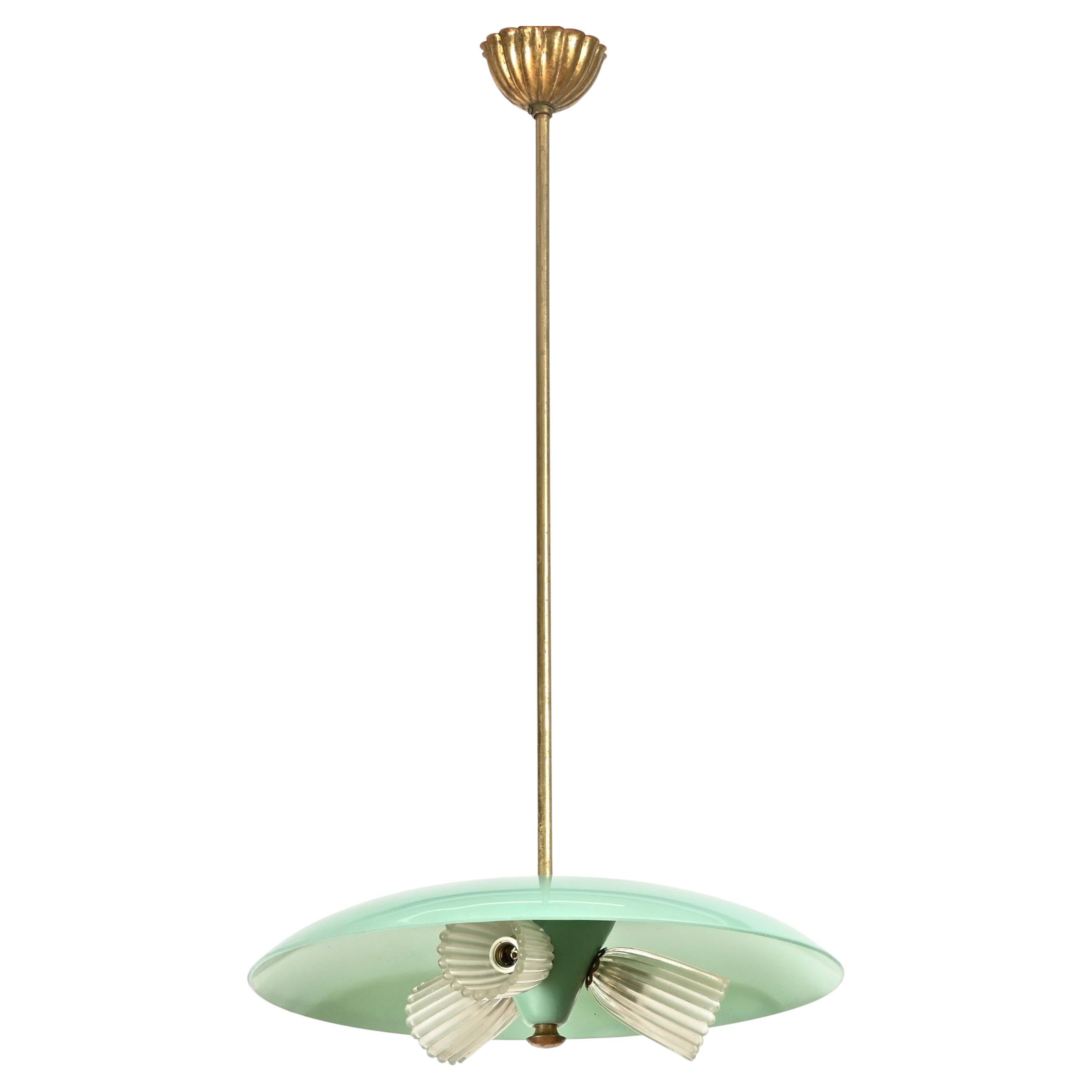 Fontana Arte Chandelier in Turquoise Glass, Brass and Murano Glass, Italy, 1950s For Sale