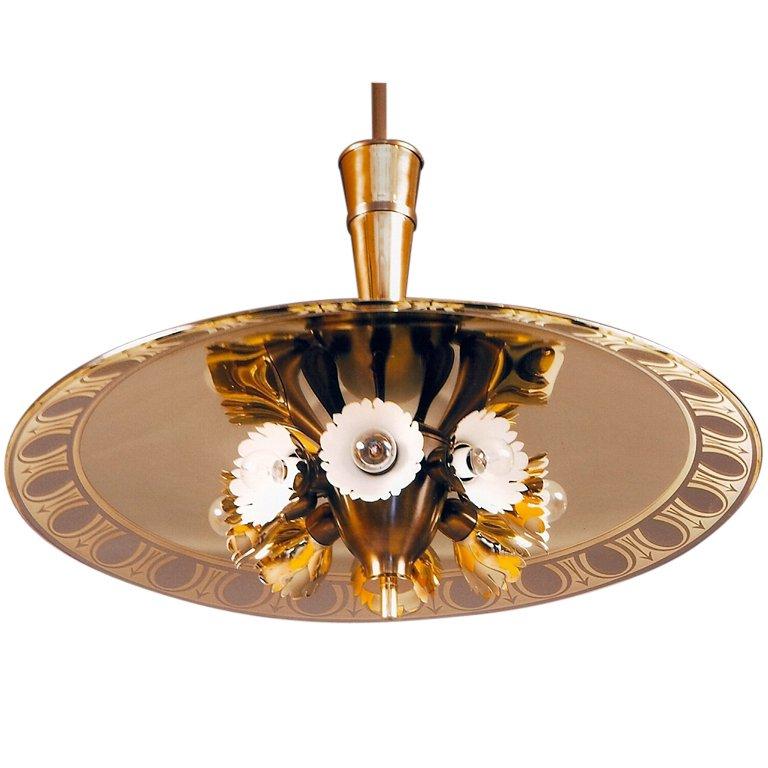 Italian Fontana Arte  Chandelier with Gold Gilt Mirrored Shade, Italy 1940s