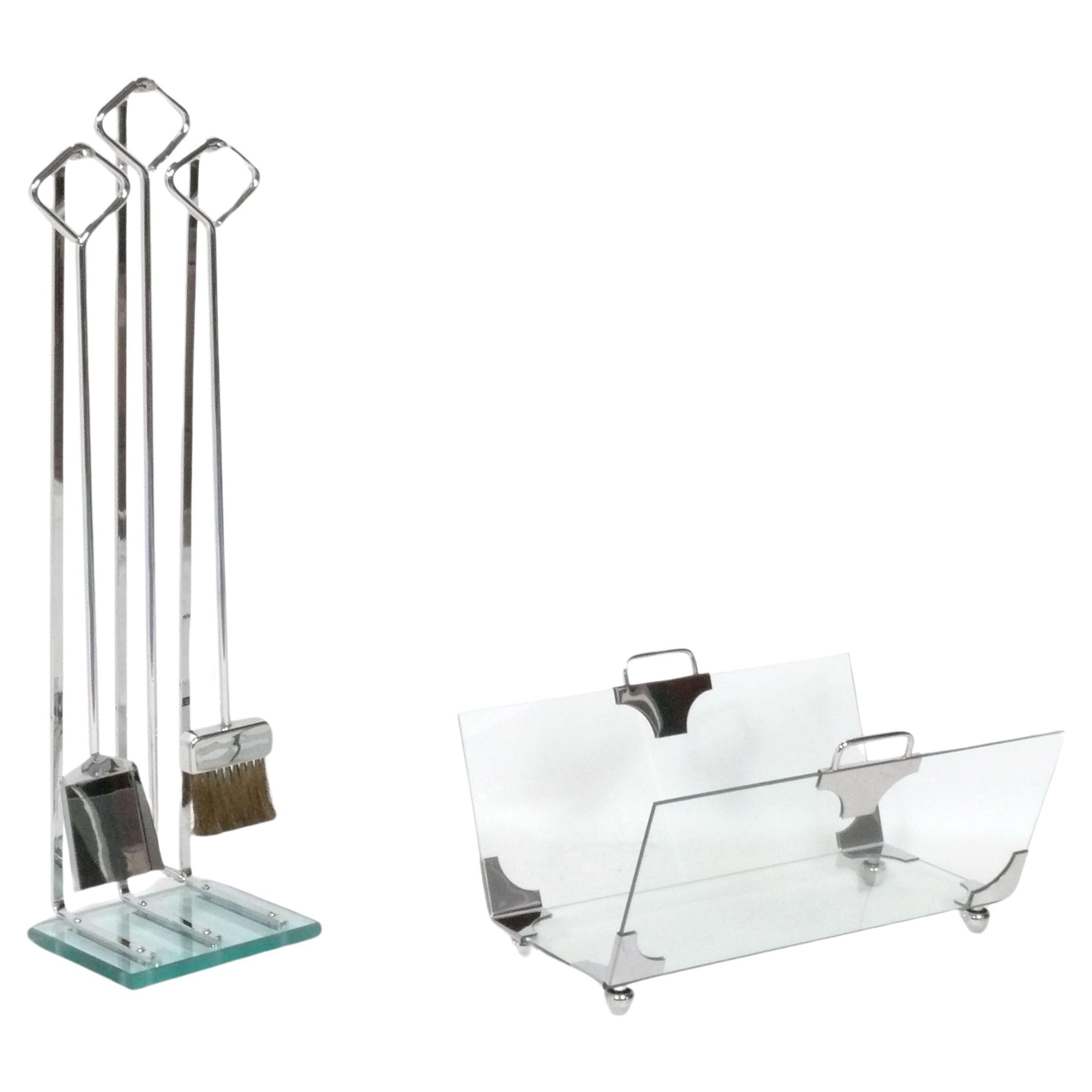 Fontana Arte Chrome Fireplace Tools 
Log Basket Italian Mid Century Modern en vente