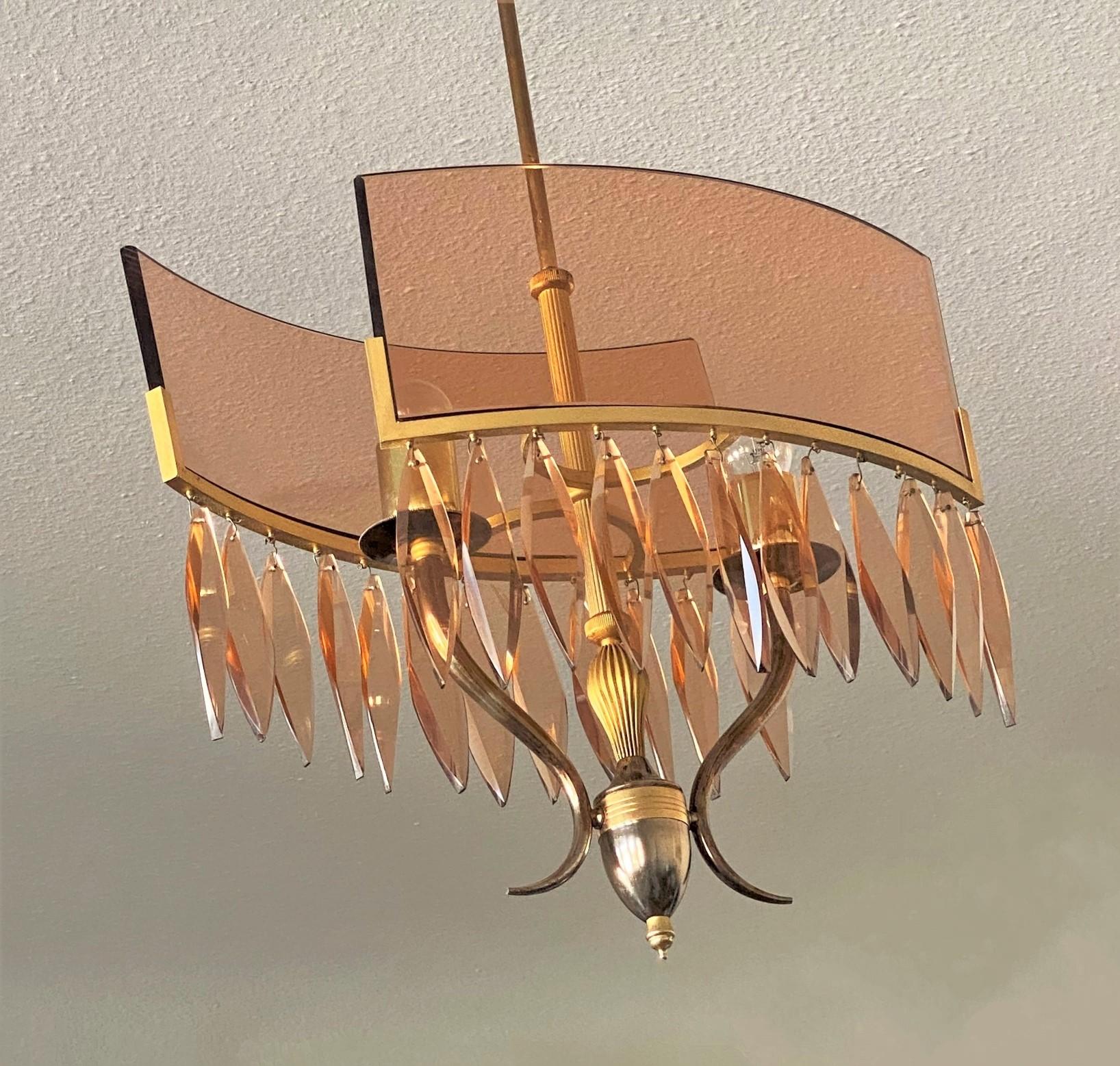 Brass Fontana Arte Clear Rose Glass Chandelier Atributed to Pietro Chiesa Italy, 1940s For Sale