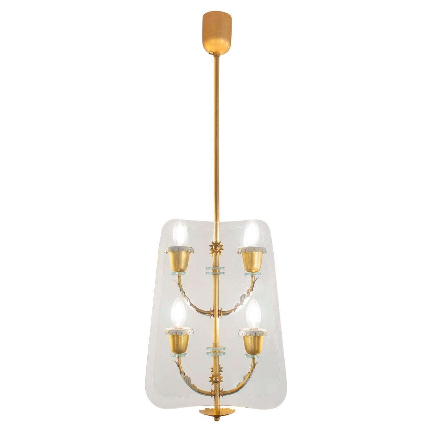 Fontana Arte Elegant 4-Light Glass and Brass Chandelier 1940s For Sale