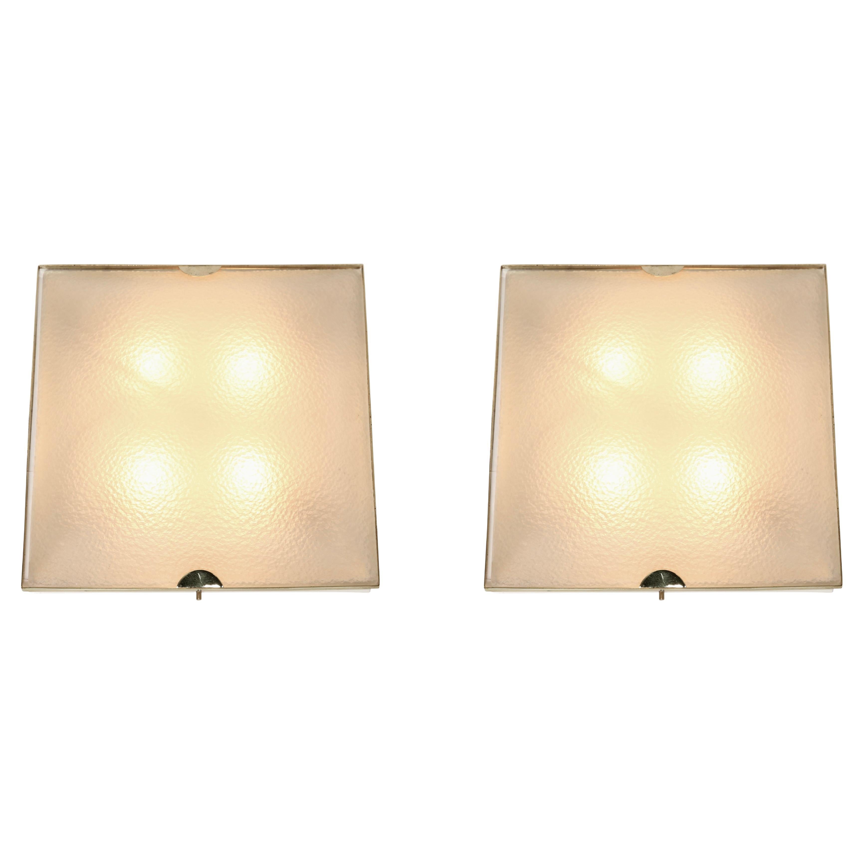 Fontana Arte Flush Mount Light, Textured Glass 
Brass, Italy, 1960s