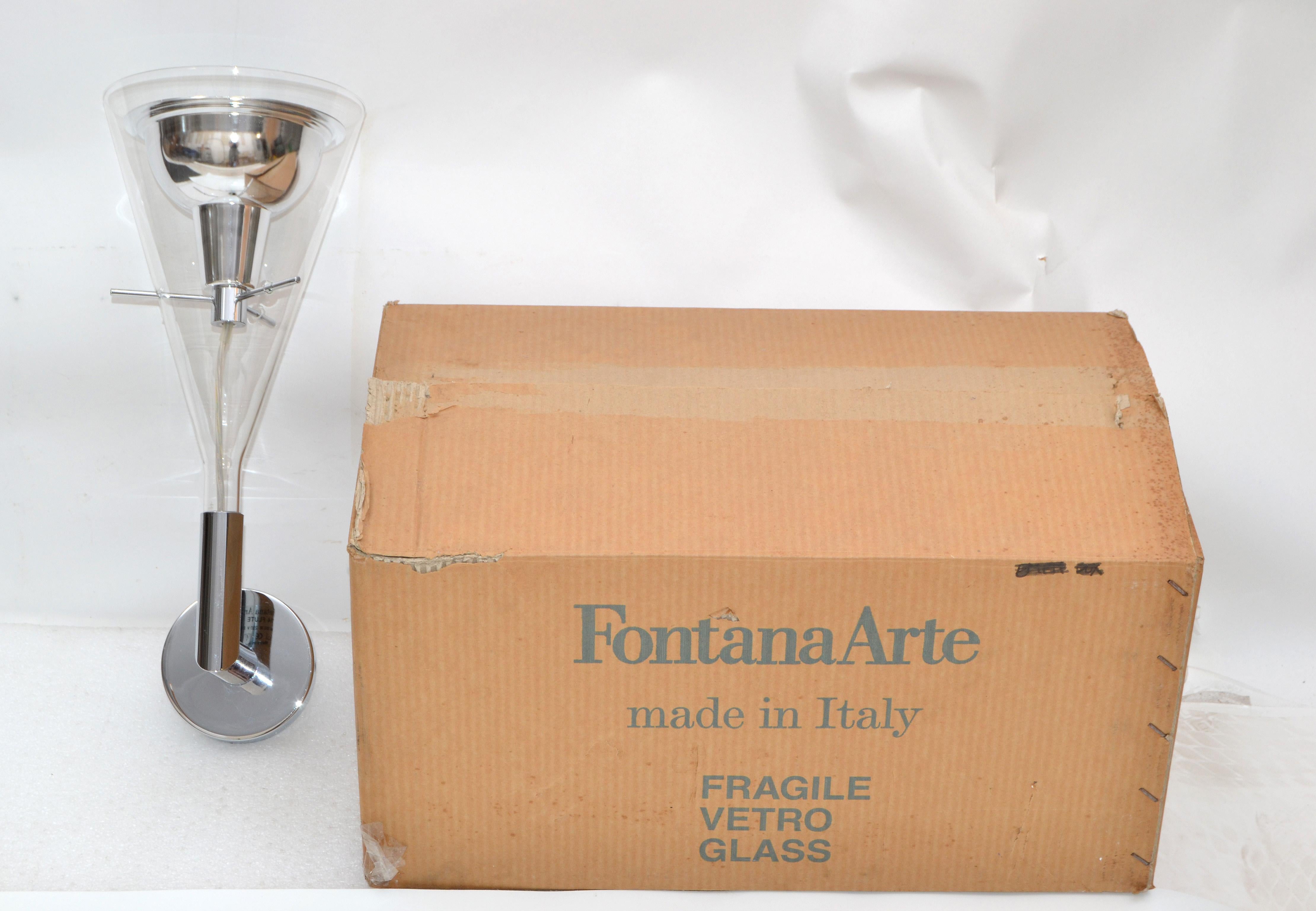 Pair Fontana Arte Flute Glass & Chrome Wall Sconces by Arredo Naskaloris Italy For Sale 3