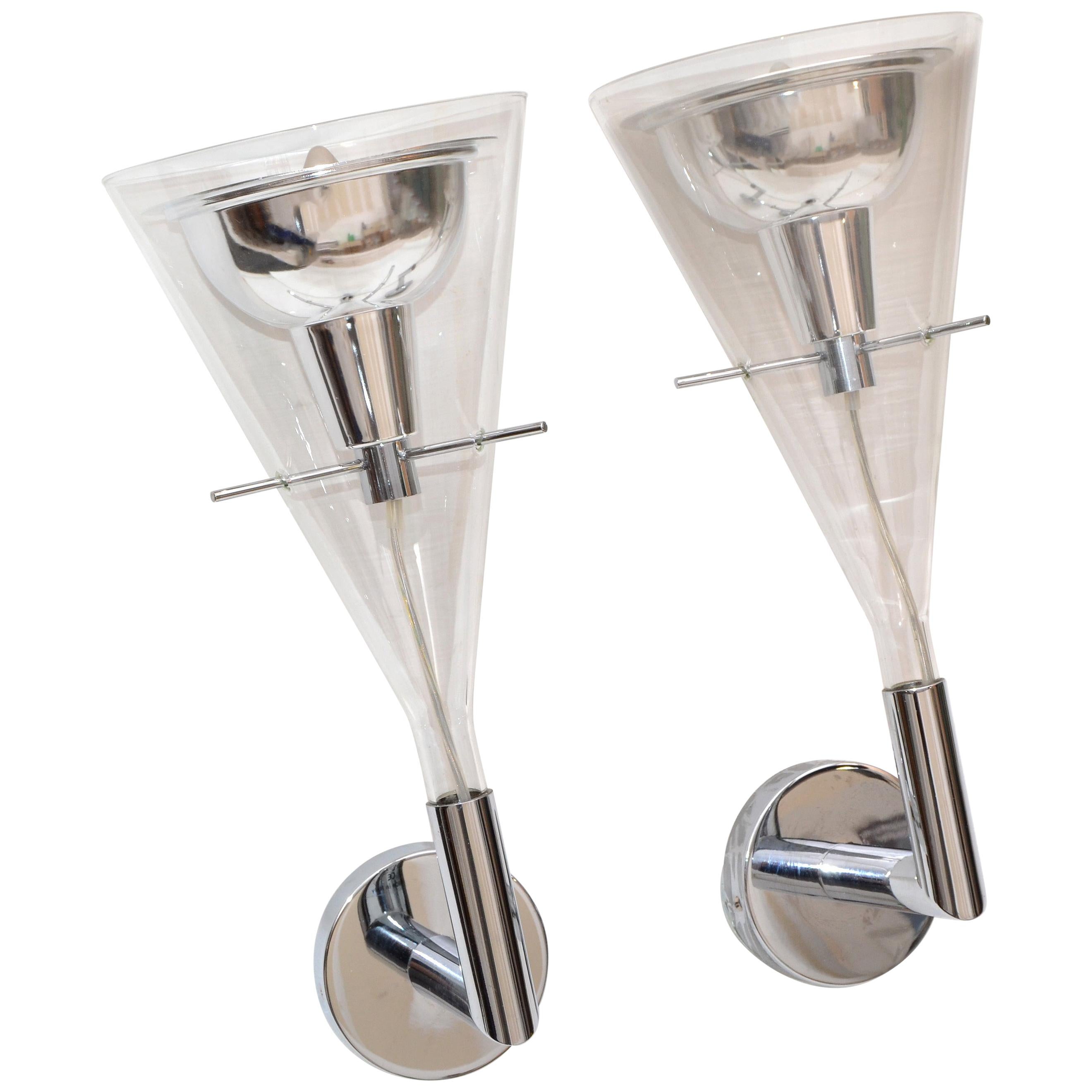 Pair Fontana Arte Flute Glass & Chrome Wall Sconces by Arredo Naskaloris Italy