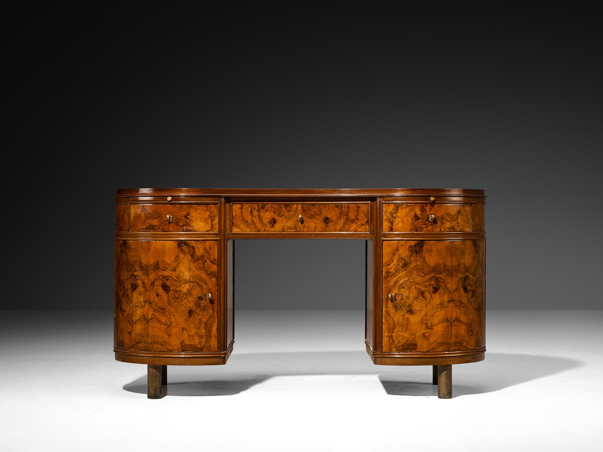 Ottone Scrivania free standing di Fontana Arte in radica di noce e ottone in vendita