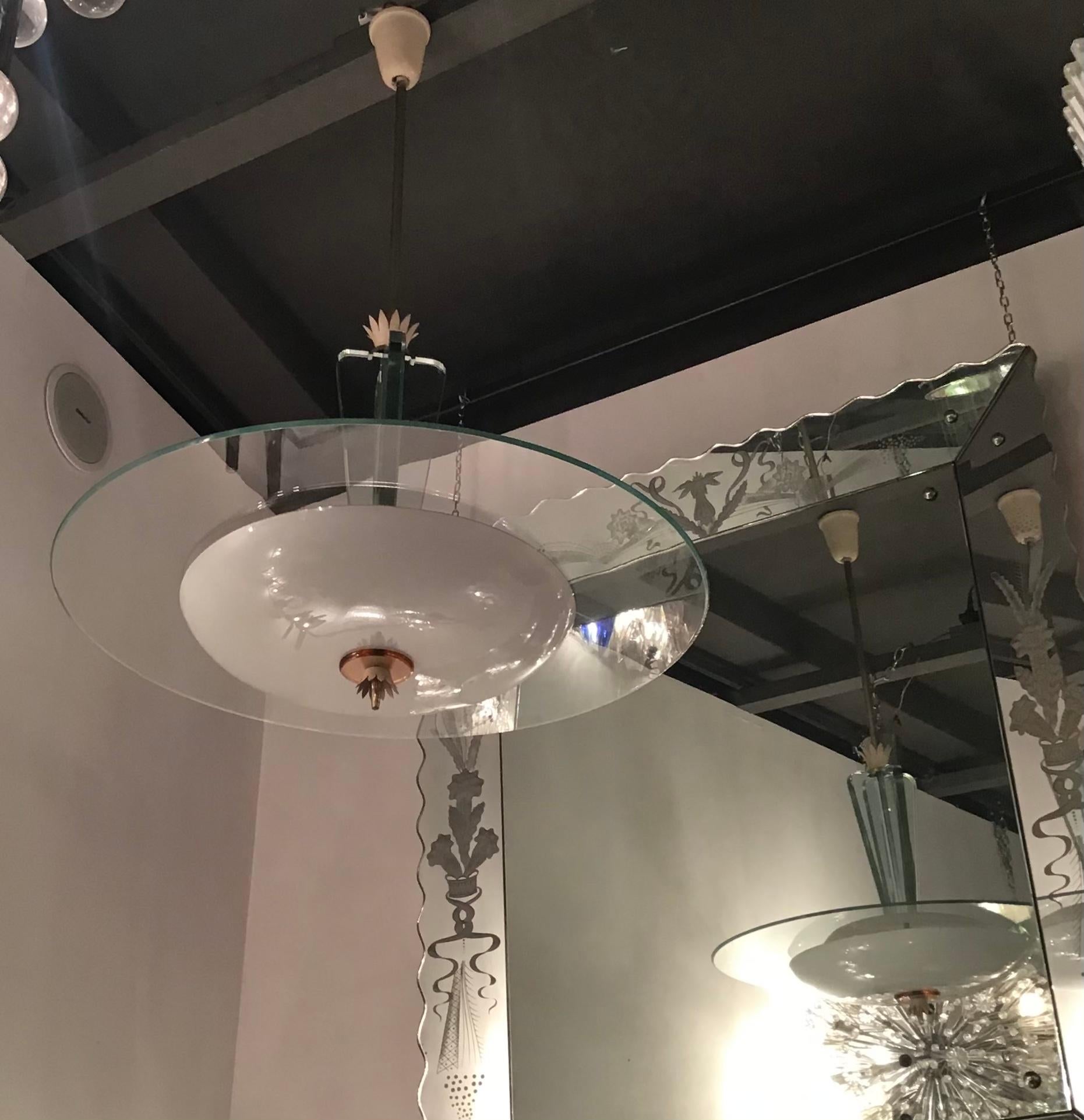 Fontana Arte “Gio’ Ponti “ Chandelier Brass Glass Opaline Glass Aluminium 1940IT For Sale 5