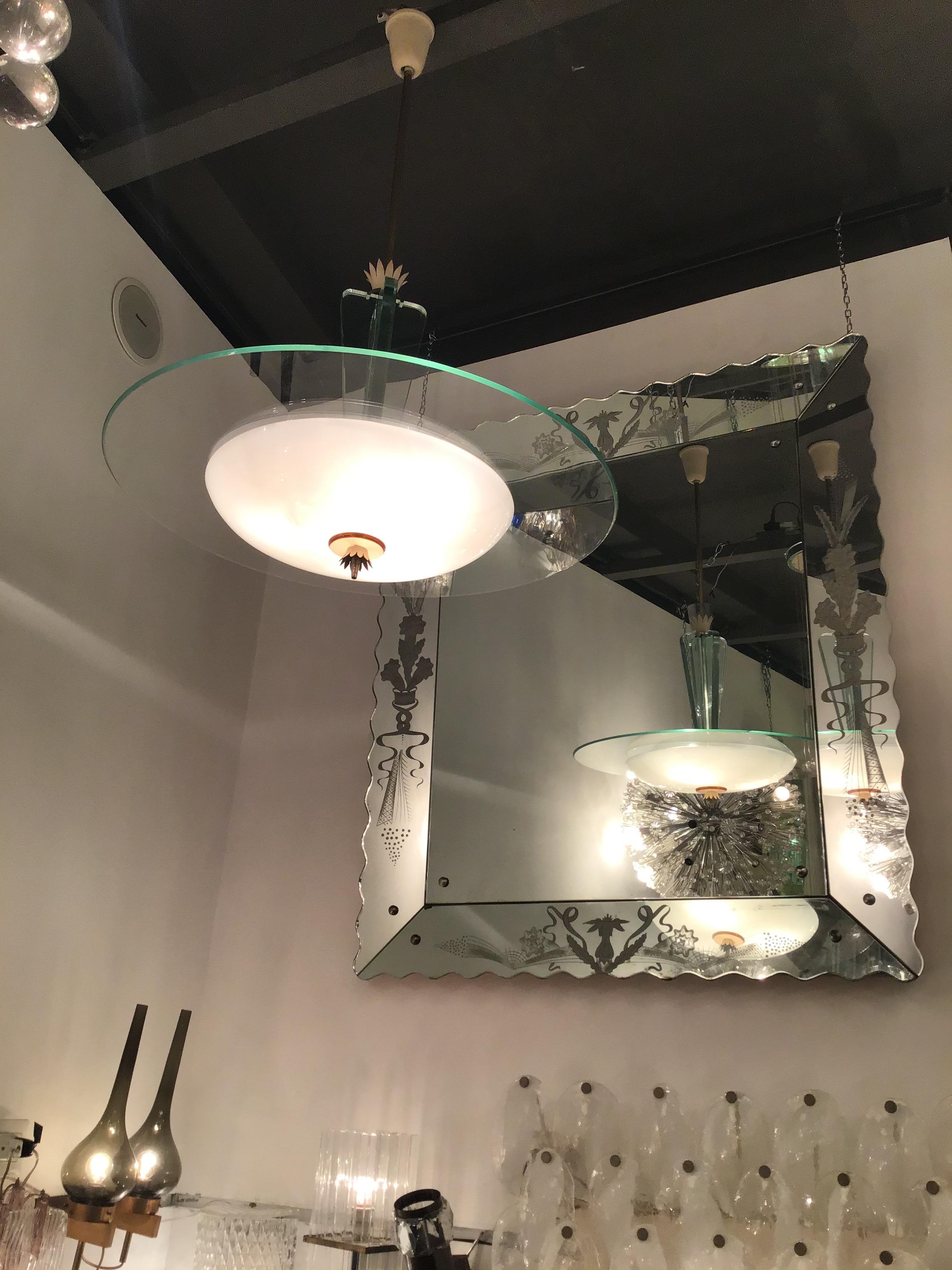 Mid-20th Century Fontana Arte “Gio’ Ponti “ Chandelier Brass Glass Opaline Glass Aluminium 1940IT For Sale