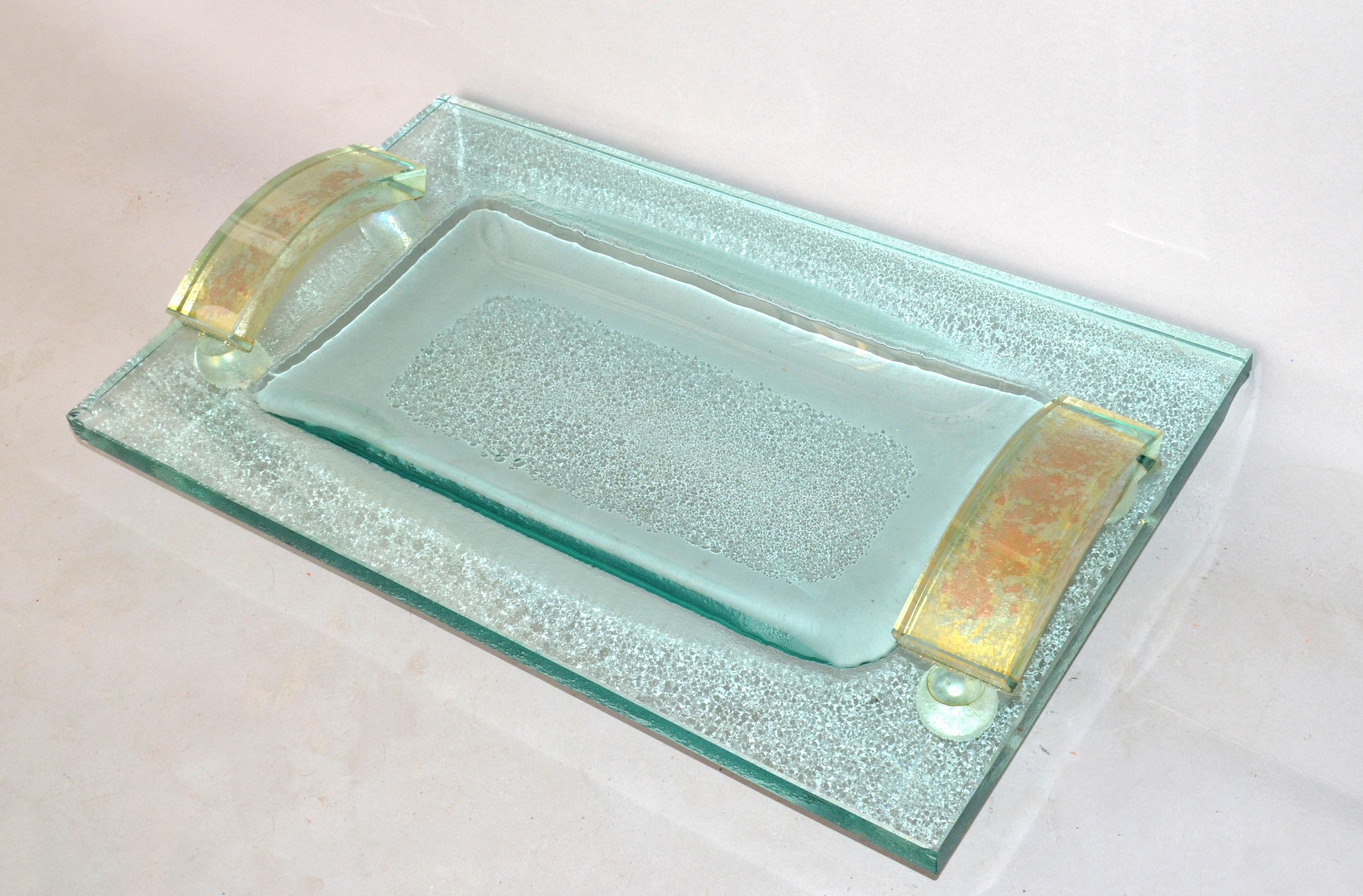 Fontana Arte Glass Beveled & Gold Infused Rectangle Footed Serving Tray Italy  For Sale 2