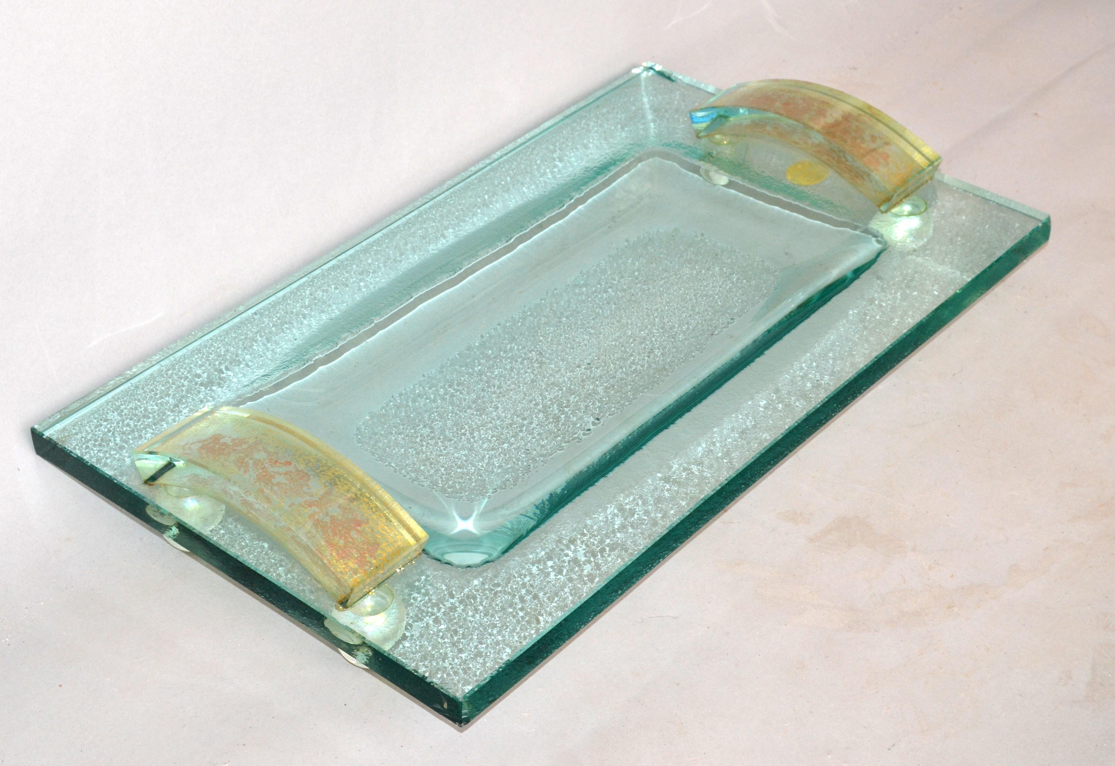 Mid-Century Modern Fontana Arte Glass Beveled & Gold Infused Rectangle Footed Serving Tray Italy  For Sale