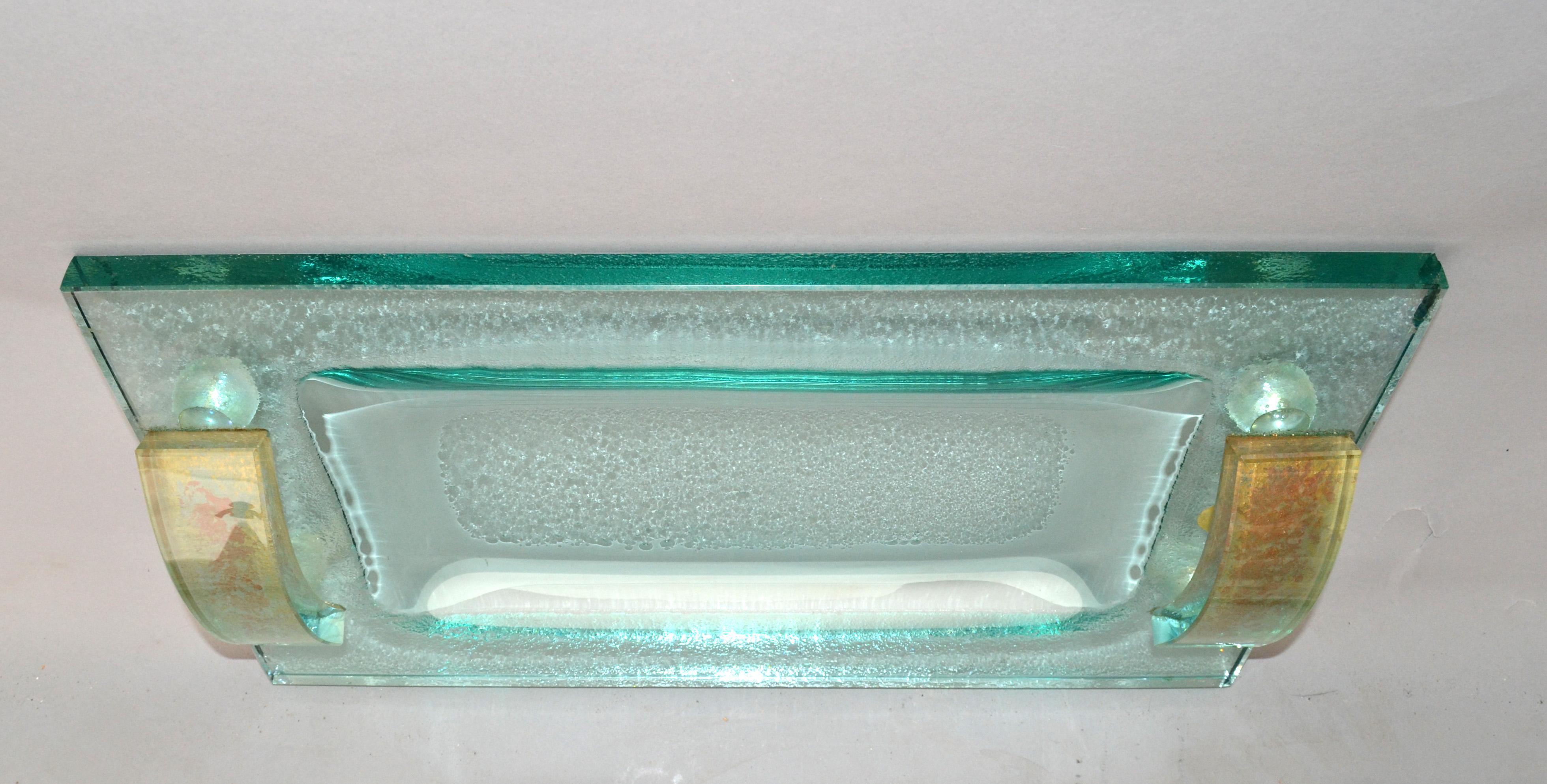 Italian Fontana Arte Glass Beveled & Gold Infused Rectangle Footed Serving Tray Italy  For Sale