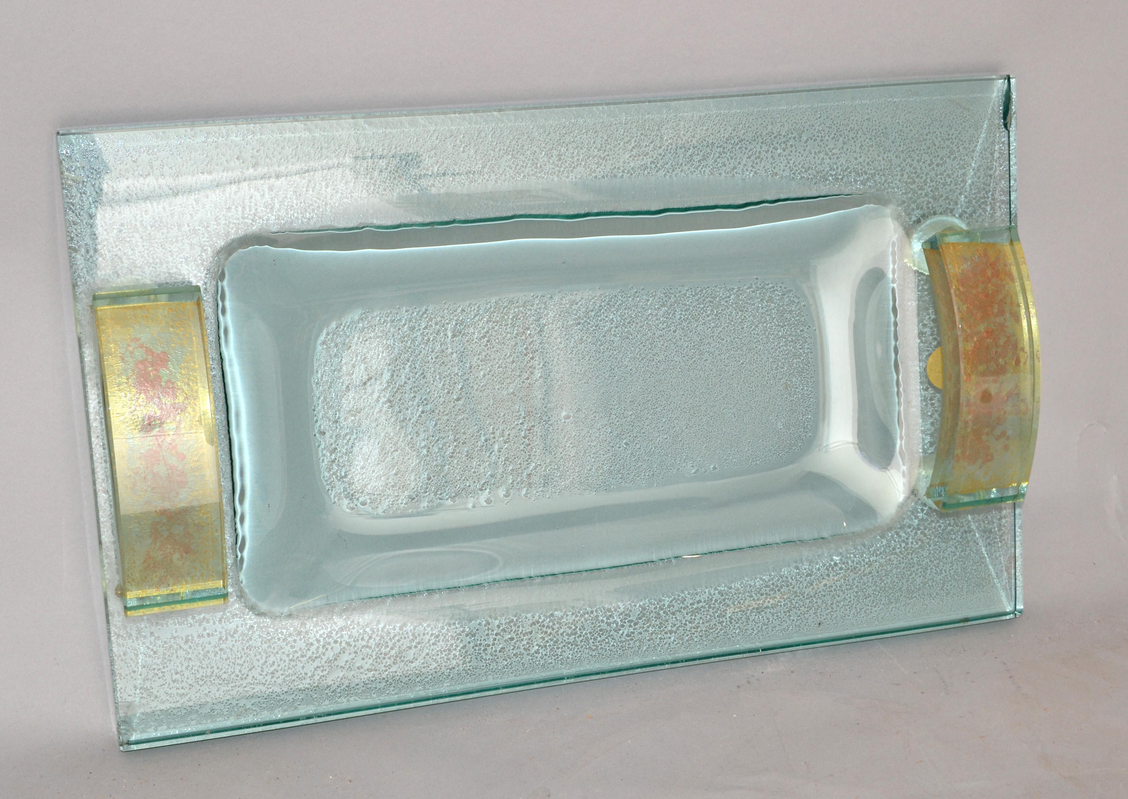 Fontana Arte Glass Beveled & Gold Infused Rectangle Footed Serving Tray Italy  In Good Condition For Sale In Miami, FL