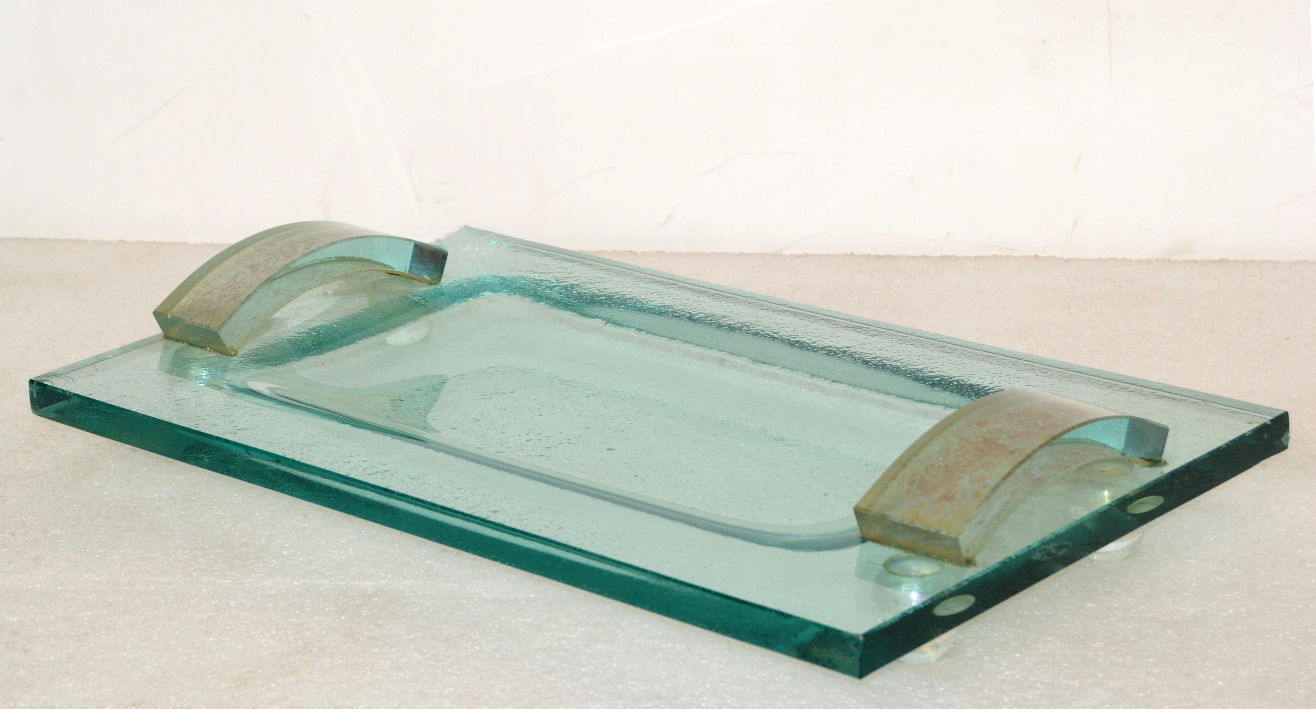 Late 20th Century Fontana Arte Glass Beveled & Gold Infused Rectangle Footed Serving Tray Italy  For Sale
