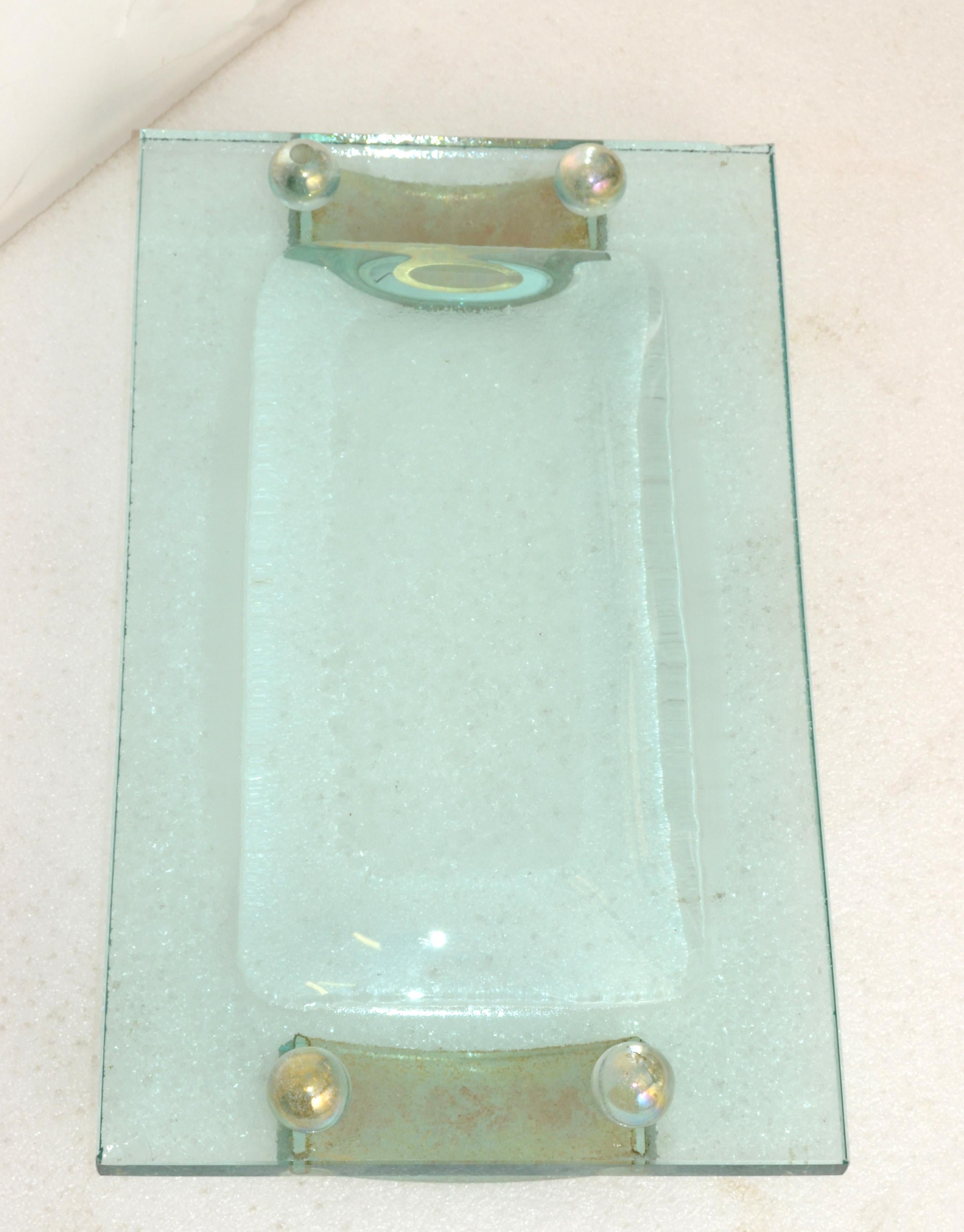 Fontana Arte Glass Beveled & Gold Infused Rectangle Footed Serving Tray Italy  For Sale 1