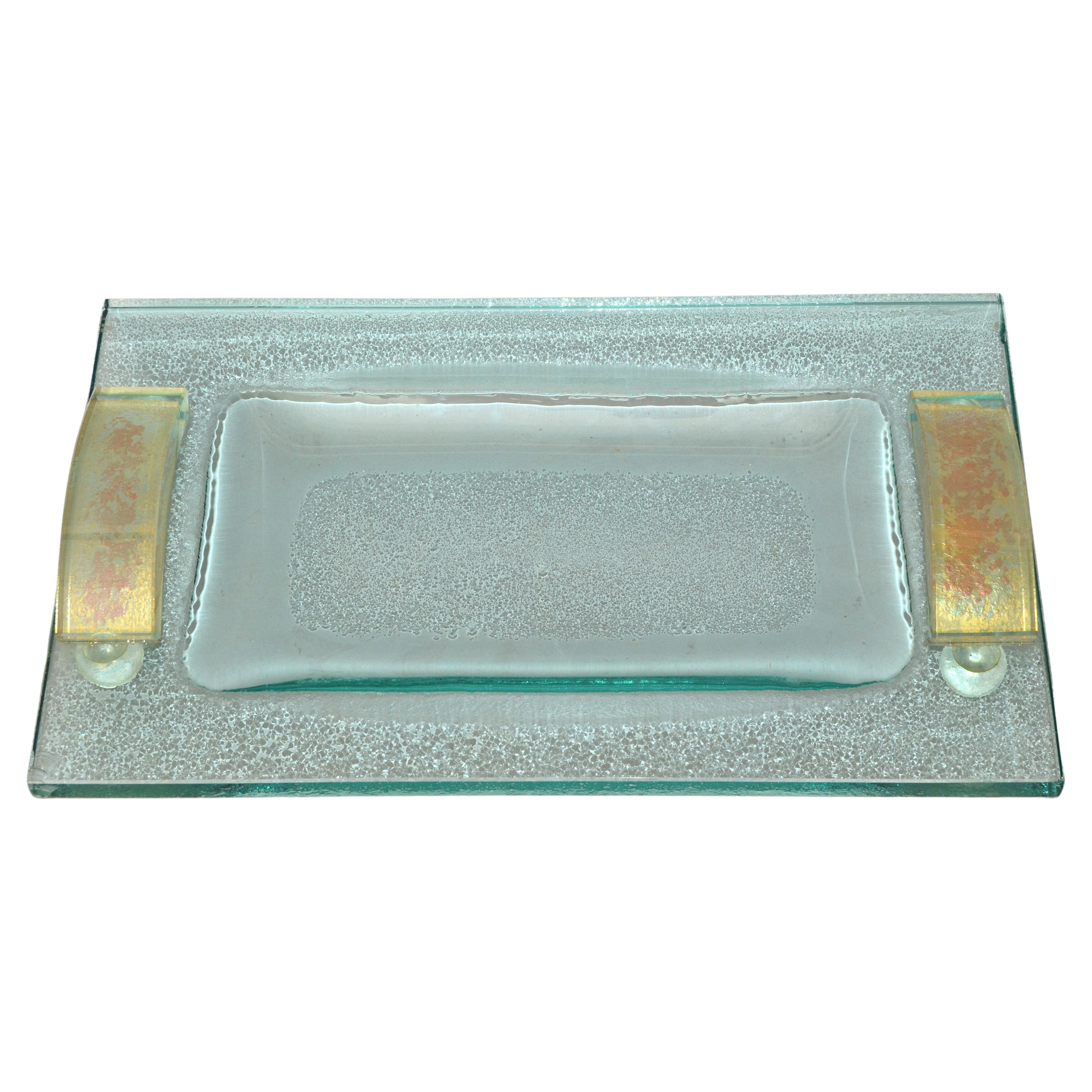 Fontana Arte Glass Beveled & Gold Infused Rectangle Footed Serving Tray Italy  For Sale