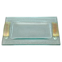 Used Fontana Arte Glass Beveled & Gold Infused Rectangle Footed Serving Tray Italy 