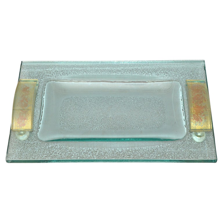 Fontana Arte Glass Beveled and Gold Infused Rectangle Footed Serving