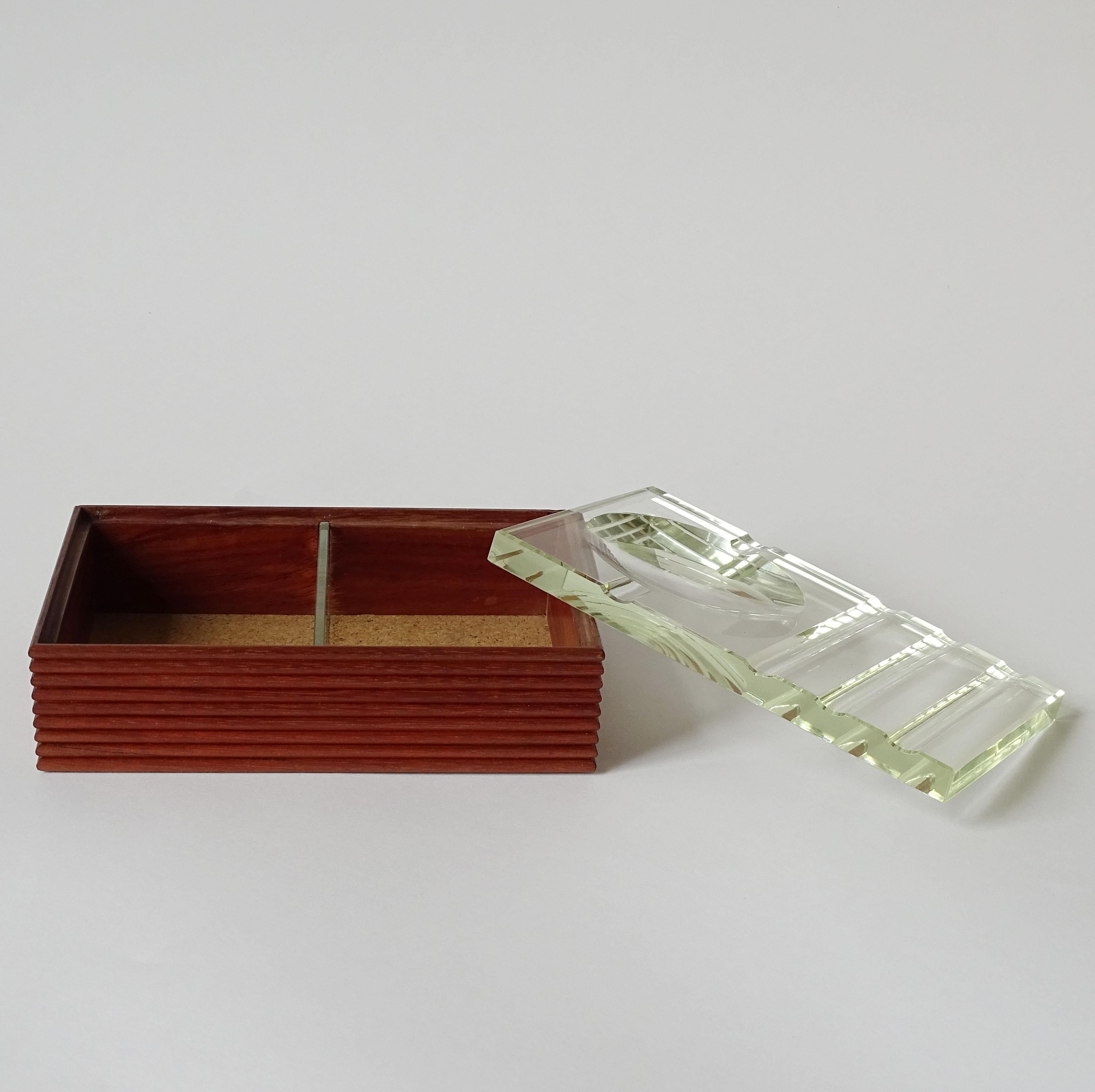 Italian Fontana Arte Glass Cork and Wood Smokers Cigarette Box, Italy, 1950s For Sale