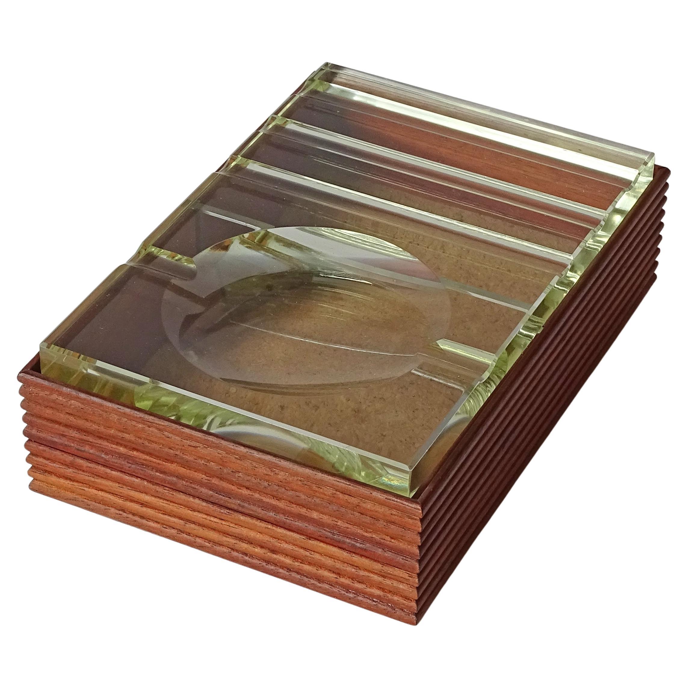 Fontana Arte Glass Cork and Wood Smokers Cigarette Box, Italy, 1950s For Sale