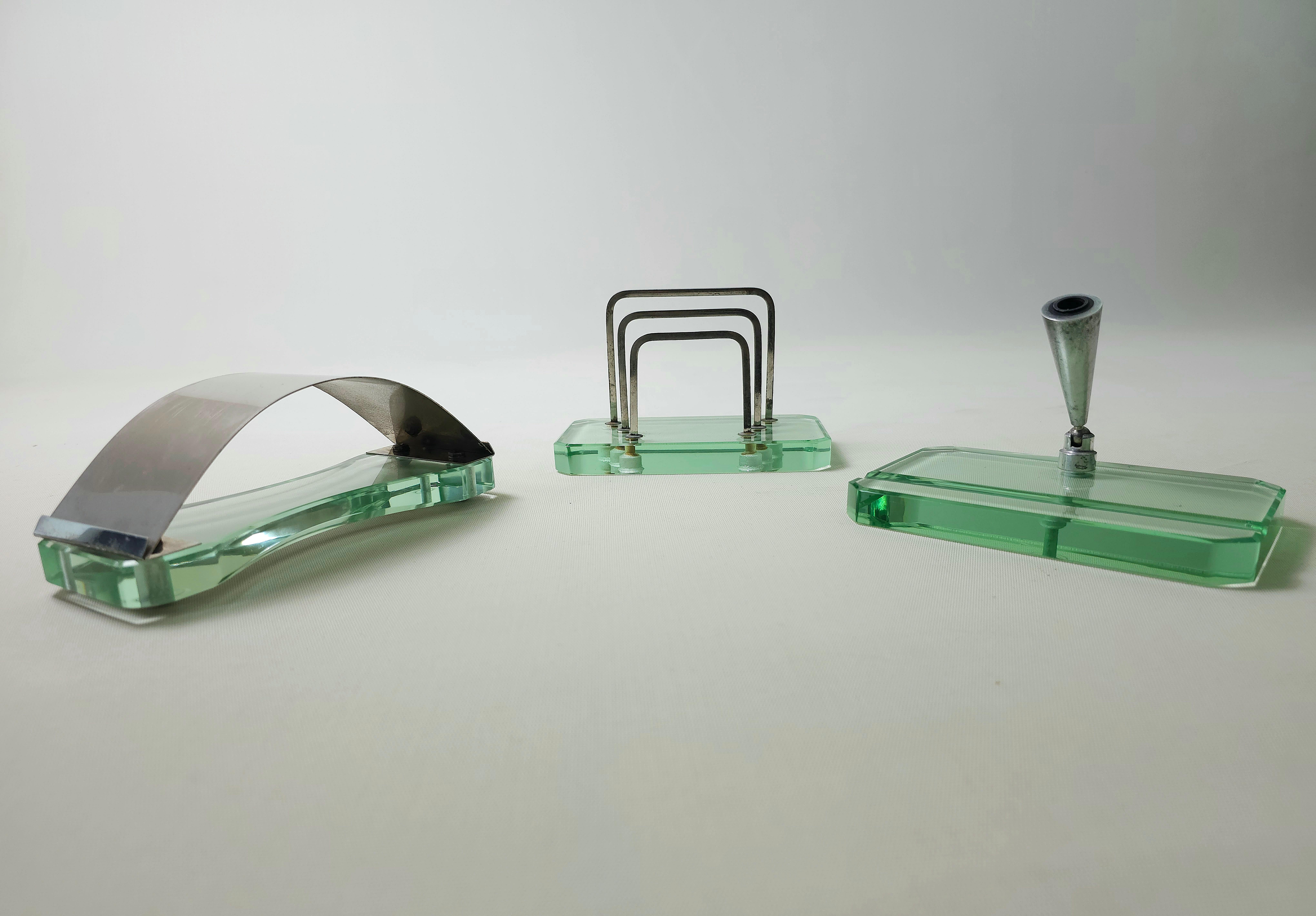 Mid-Century Modern Fontana Arte Glass Italian Design 1950s Desk Sets of 3 For Sale