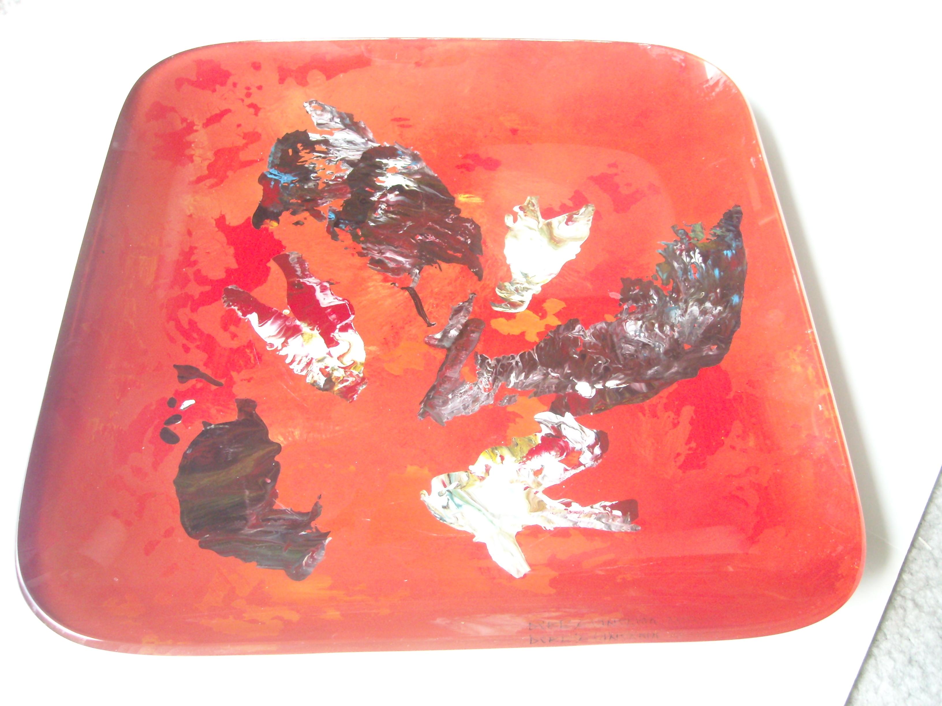 Hand-Crafted Fontana Arte Glass Tray by Dube, Duilio Barnabe, Abstract Painting, Signed For Sale