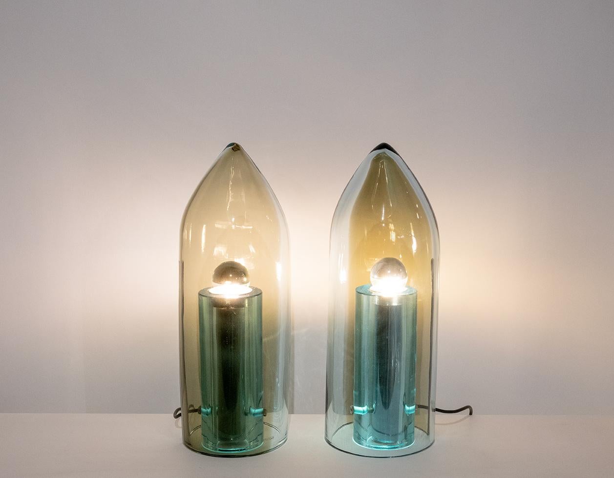 Modern FONTANA ARTE Gorgeous pair of silver-plated glass spindle lamps 1970 For Sale