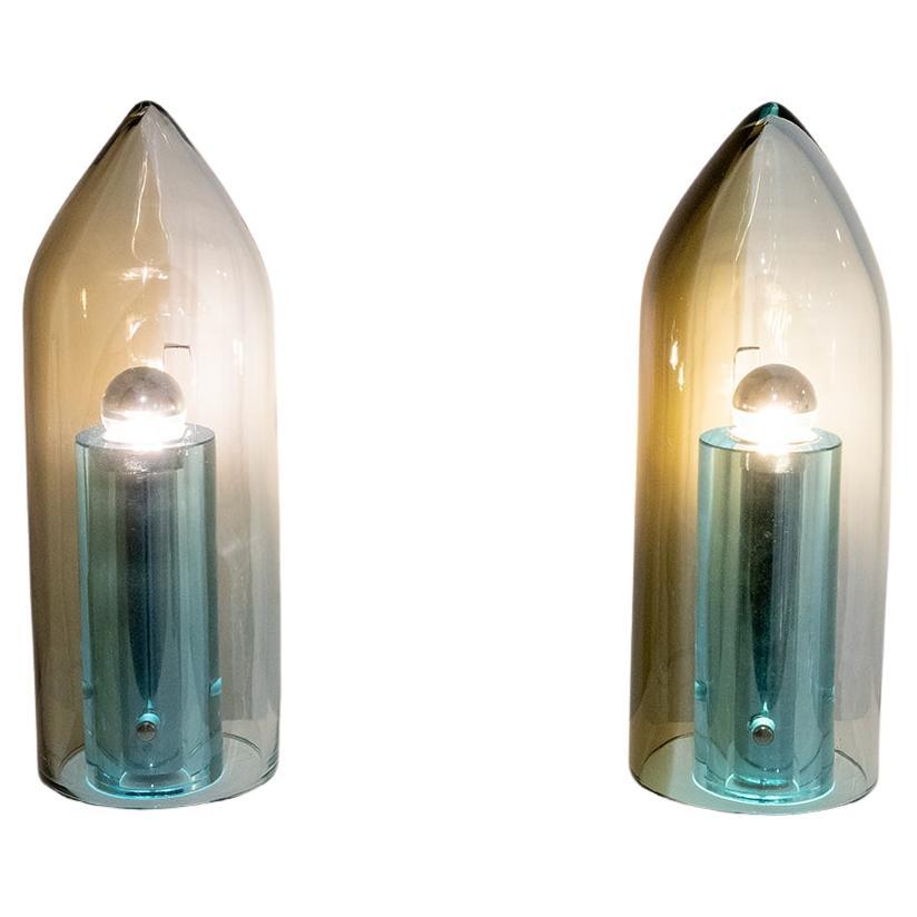 FONTANA ARTE Superbe paire de lampes à fuseau en verre plaqué argent 1970 en vente