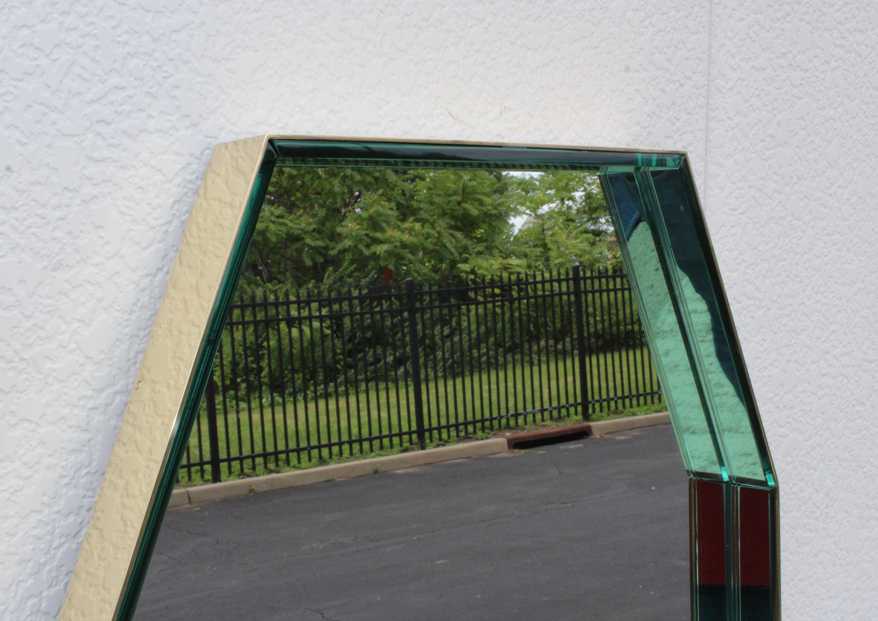 Fontana Arte Green Glass and Brass Octagonal Mirror In Good Condition In New York City, NY