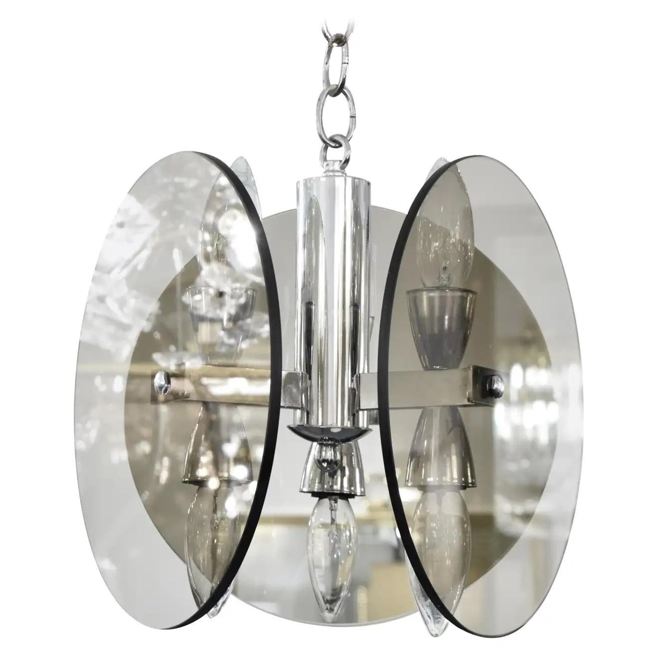 A smoked glass six bulb chandelier in the style of Fontana Arte, with three glass disks, each with a diameter of 10