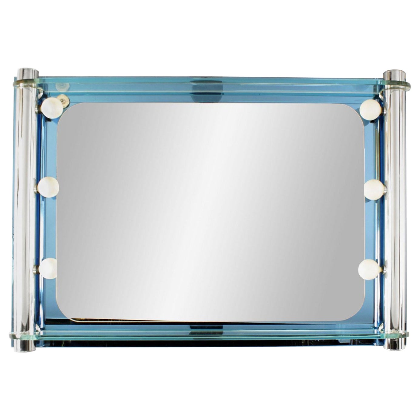 Fontana Arte Italian Mid-Century Lighted Blue Glass Wall Mirror For Sale