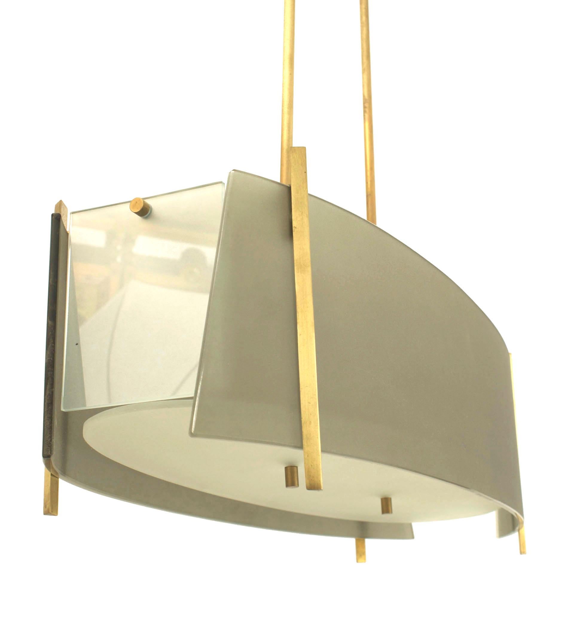 Fontana Arte Italian Modernist Brass and Frosted Glass Chandelier In Good Condition For Sale In New York, NY