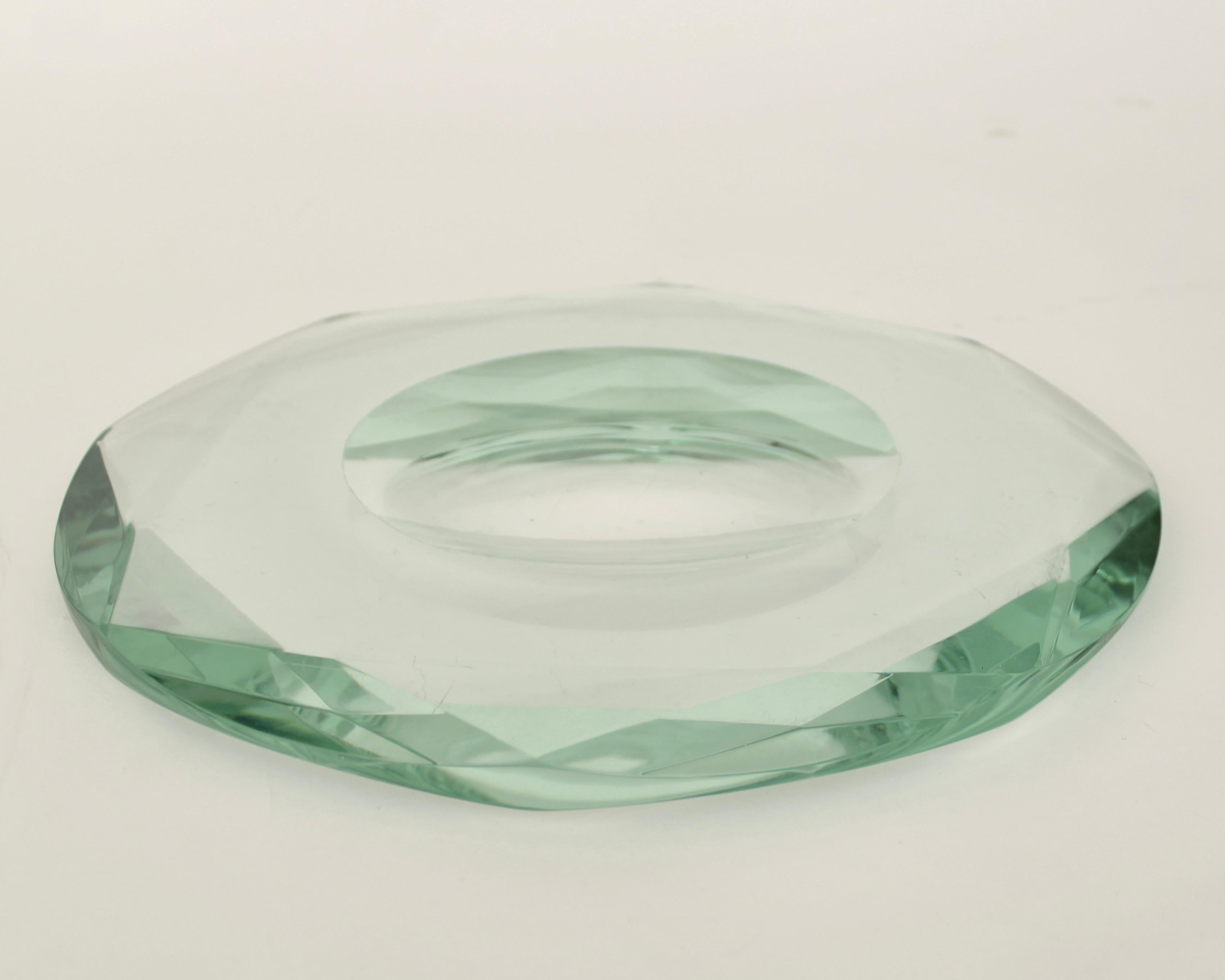 Fontana Arte Italian Multi Faceted Round Pale Green Glass Vide Poche or Dish 5