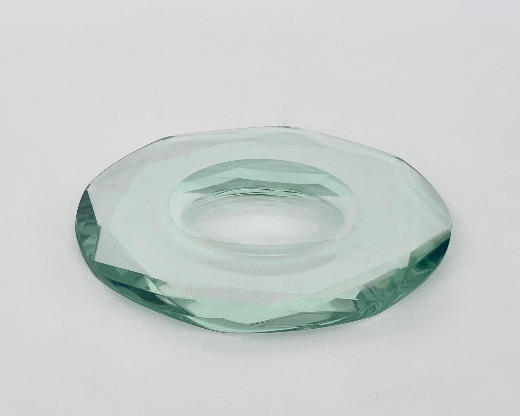 Fontana Arte Italian Multi Faceted Round Pale Green Glass Vide Poche or Dish 6