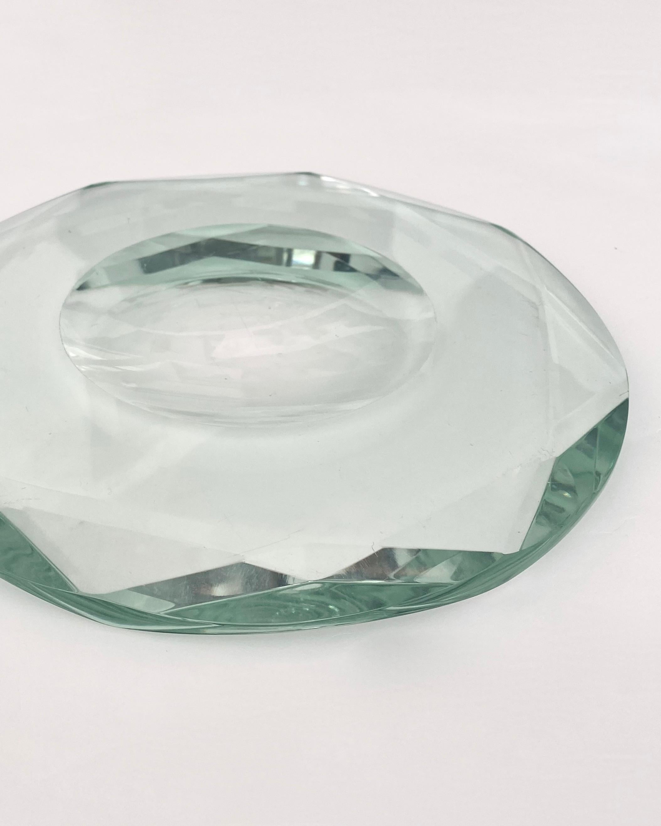 Fontana Arte Italian Multi Faceted Round Pale Green Glass Vide Poche or Dish 7