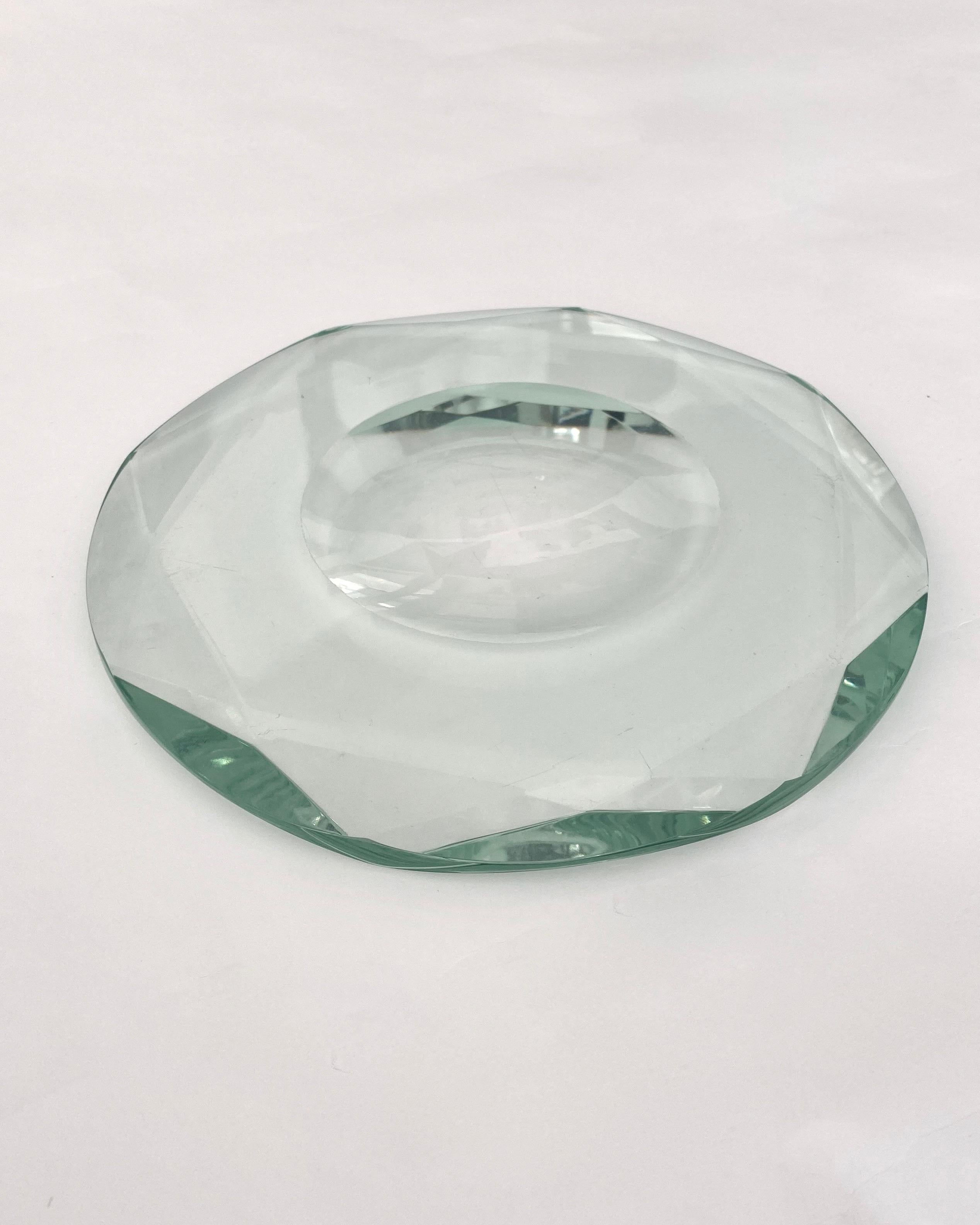 Fontana Arte Italian Multi Faceted Round Pale Green Glass Vide Poche or Dish 8
