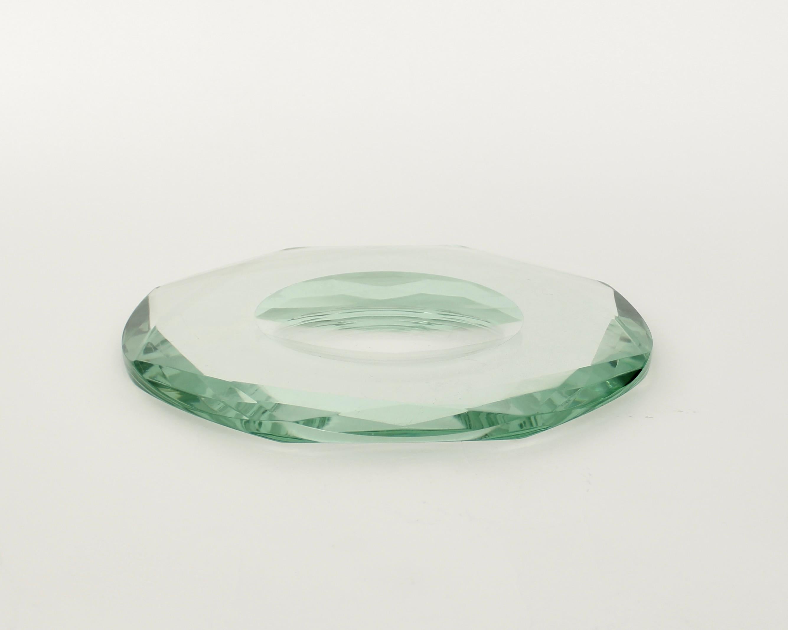Mid-Century Modern Fontana Arte Italian Multi Faceted Round Pale Green Glass Vide Poche or Dish