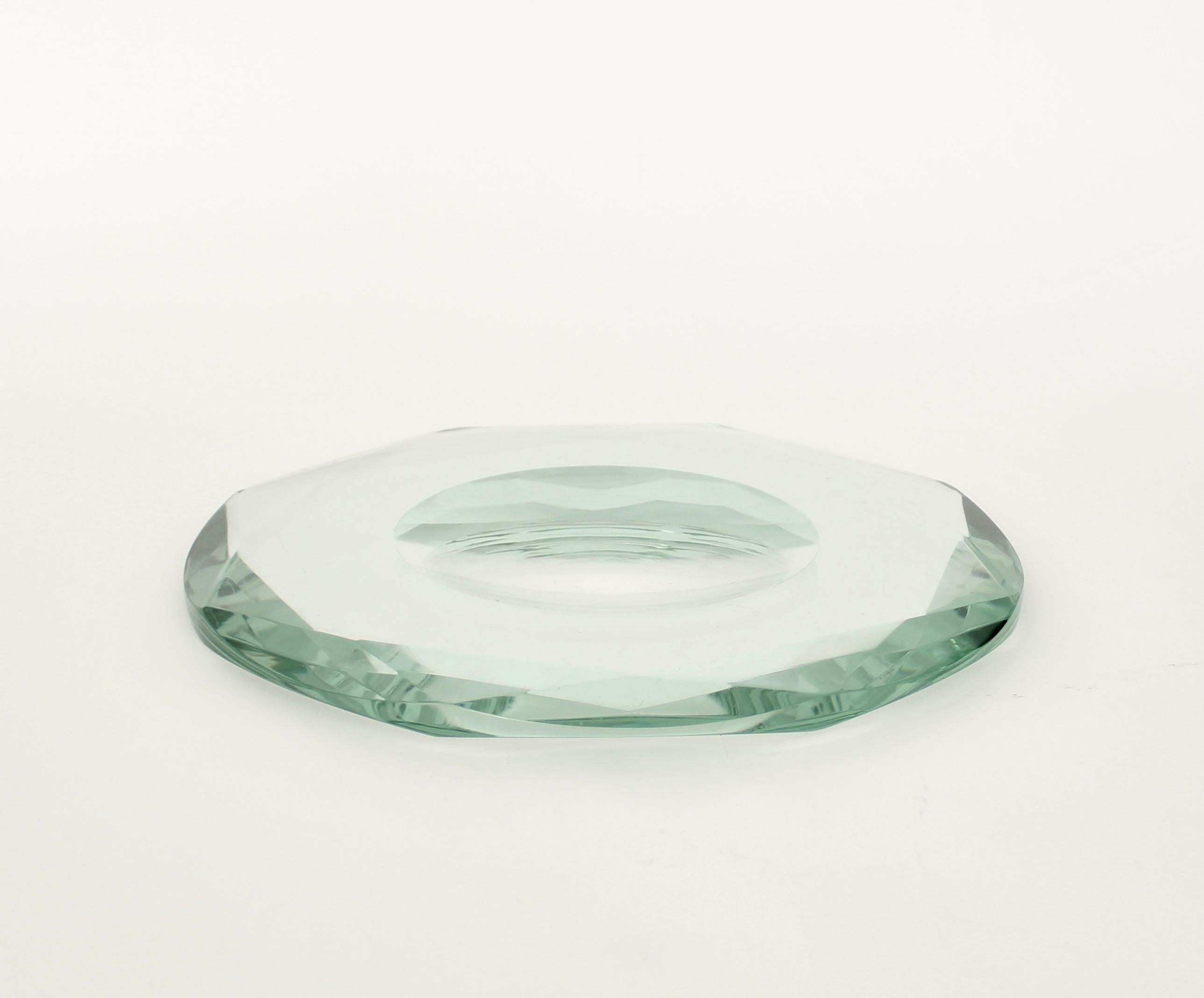 Fontana Arte Italian Multi Faceted Round Pale Green Glass Vide Poche or Dish In Good Condition In Chicago, IL