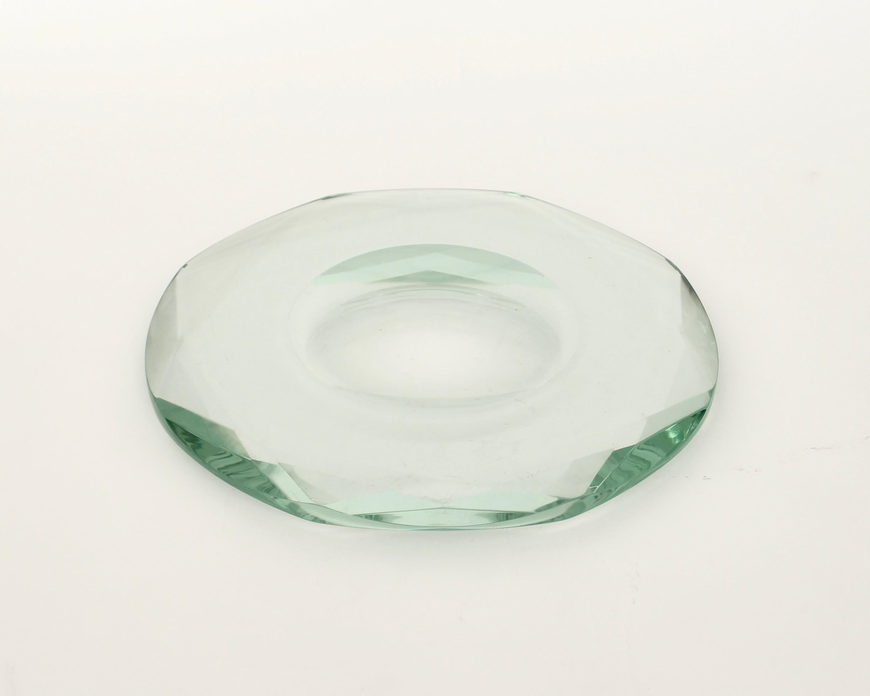 Late 20th Century Fontana Arte Italian Multi Faceted Round Pale Green Glass Vide Poche or Dish