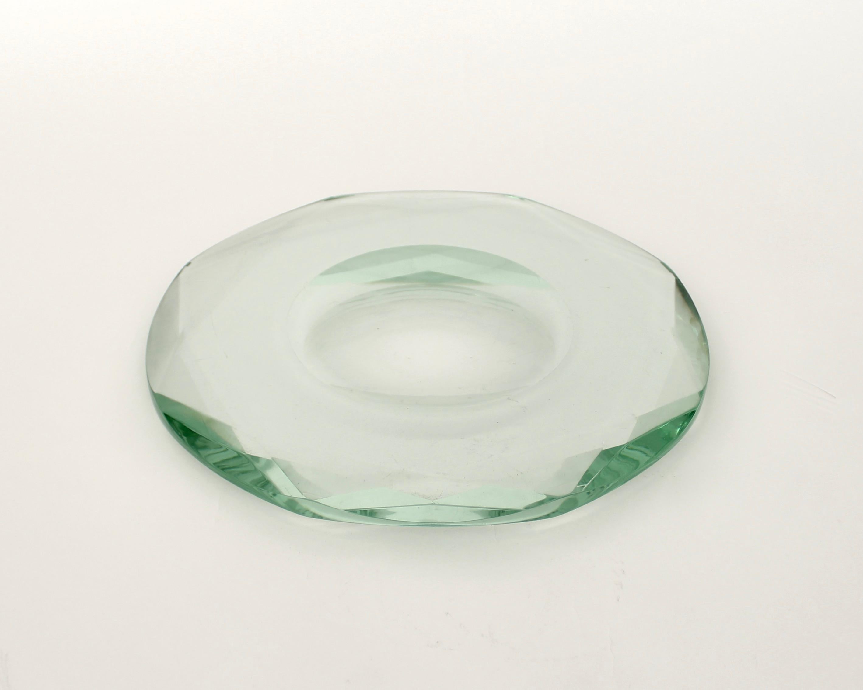 Fontana Arte Italian Multi Faceted Round Pale Green Glass Vide Poche or Dish 1