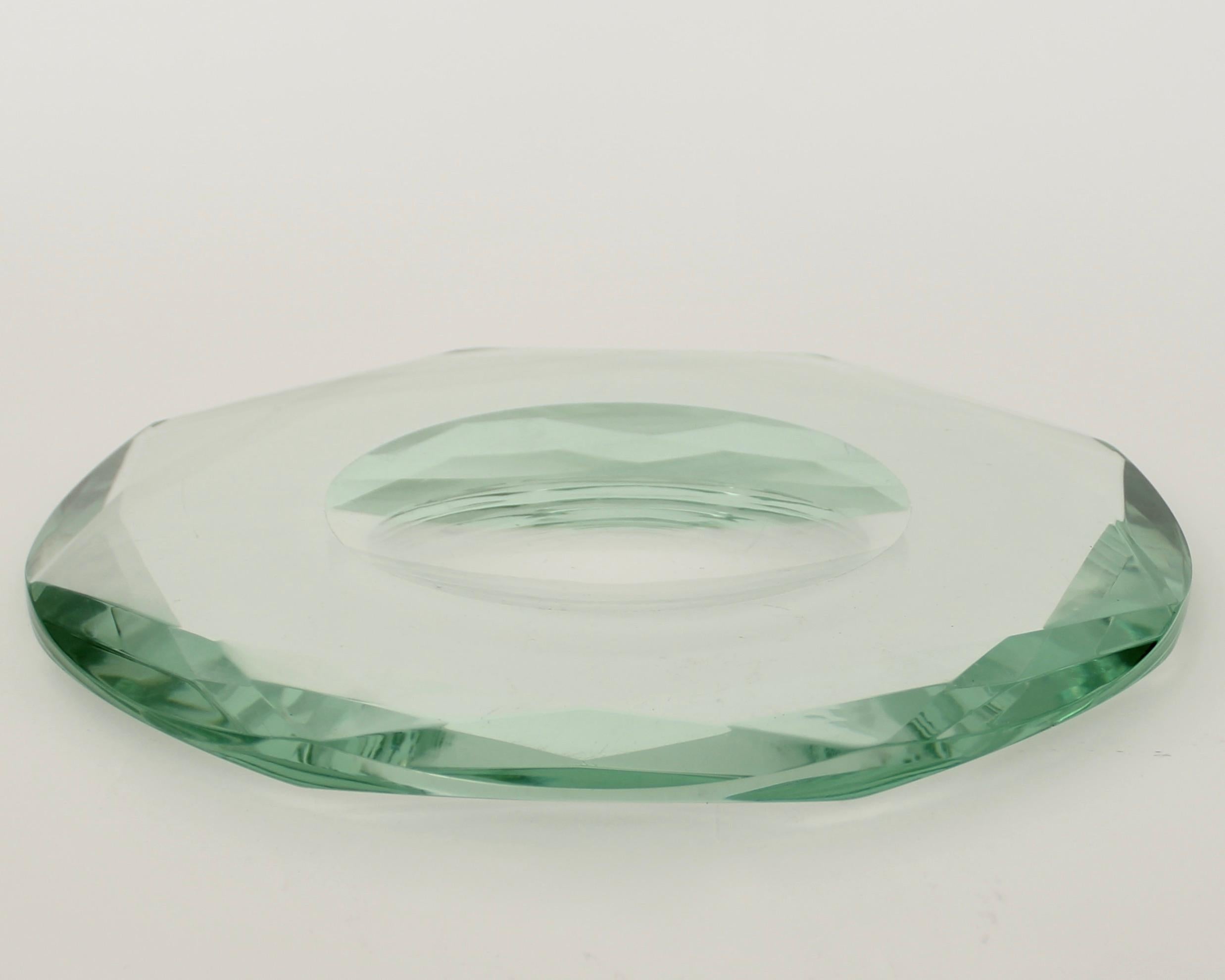 Fontana Arte Italian Multi Faceted Round Pale Green Glass Vide Poche or Dish 2