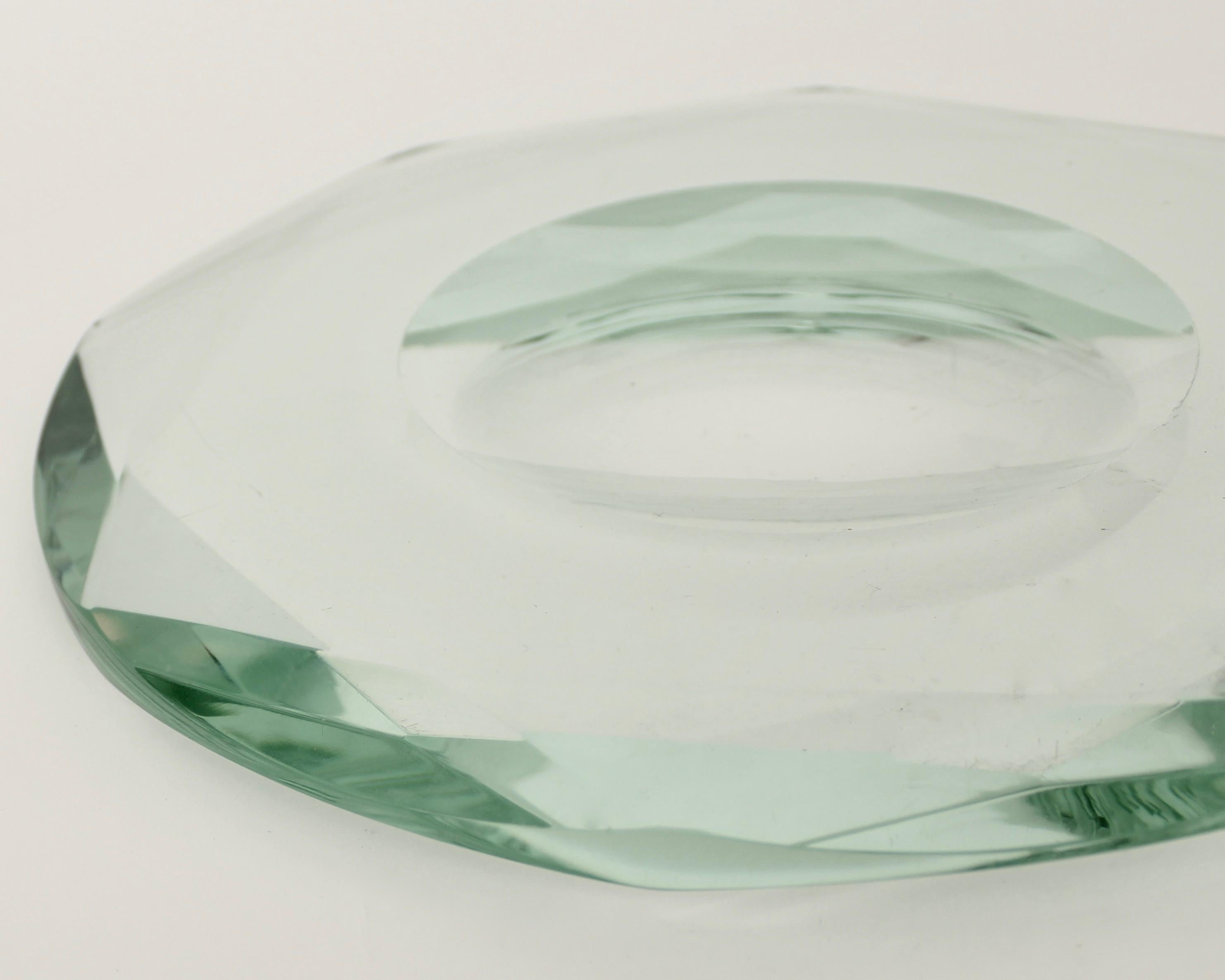 Fontana Arte Italian Multi Faceted Round Pale Green Glass Vide Poche or Dish 3